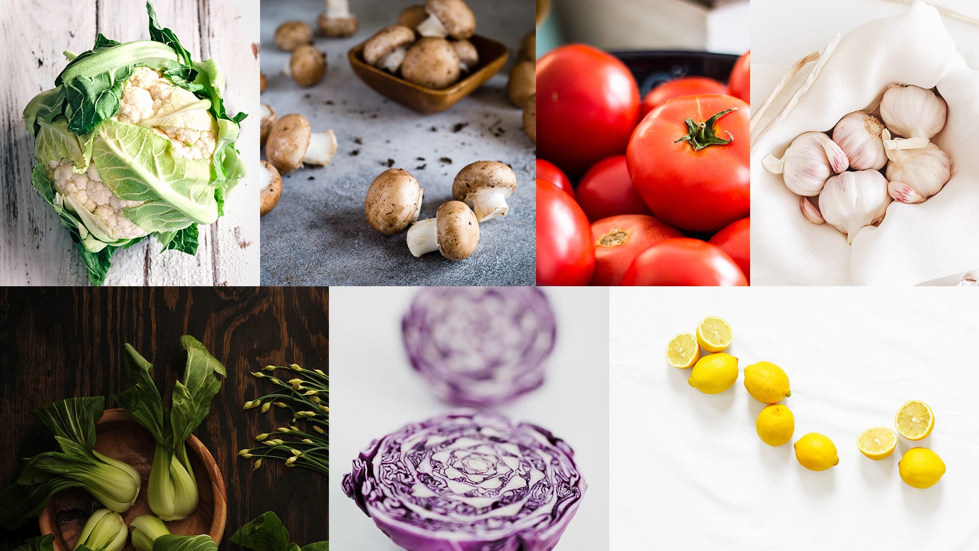 Collage of fresh produce including cauliflower, mushrooms, tomatoes, garlic, and lemons.