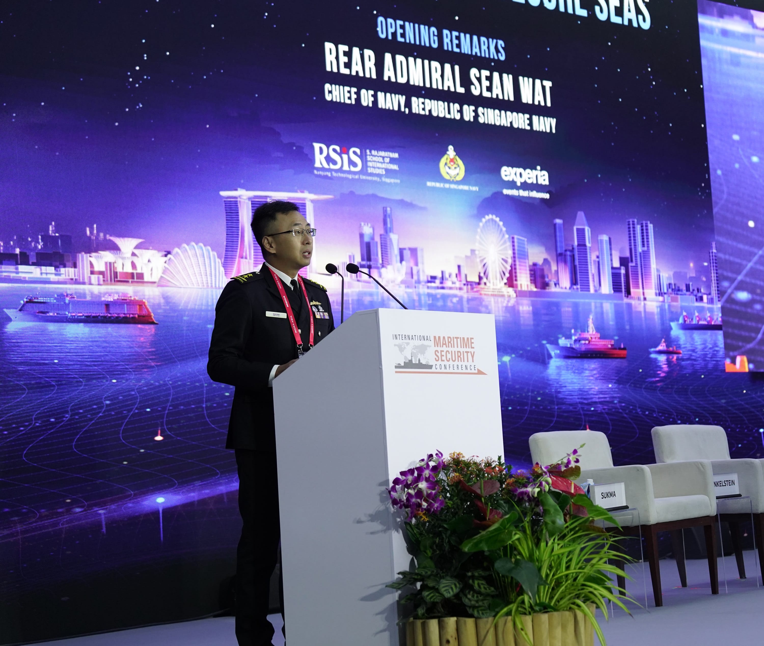 Rear Admiral Sean Wat delivers opening remarks at the International Maritime Security Conference.