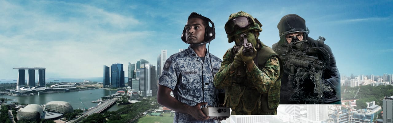 Singapore Armed Forces personnel in different uniforms against a city skyline, showcasing military diversity.