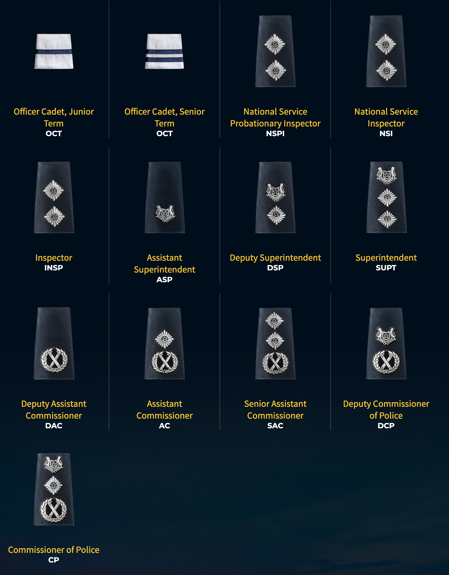 Singapore Police Force Senior Officers' rank insignia chart.