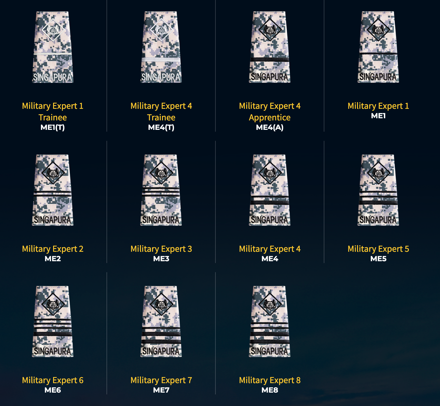 Singapore Armed Forces rank insignia display, showing Military Expert ranks 1 through 8.