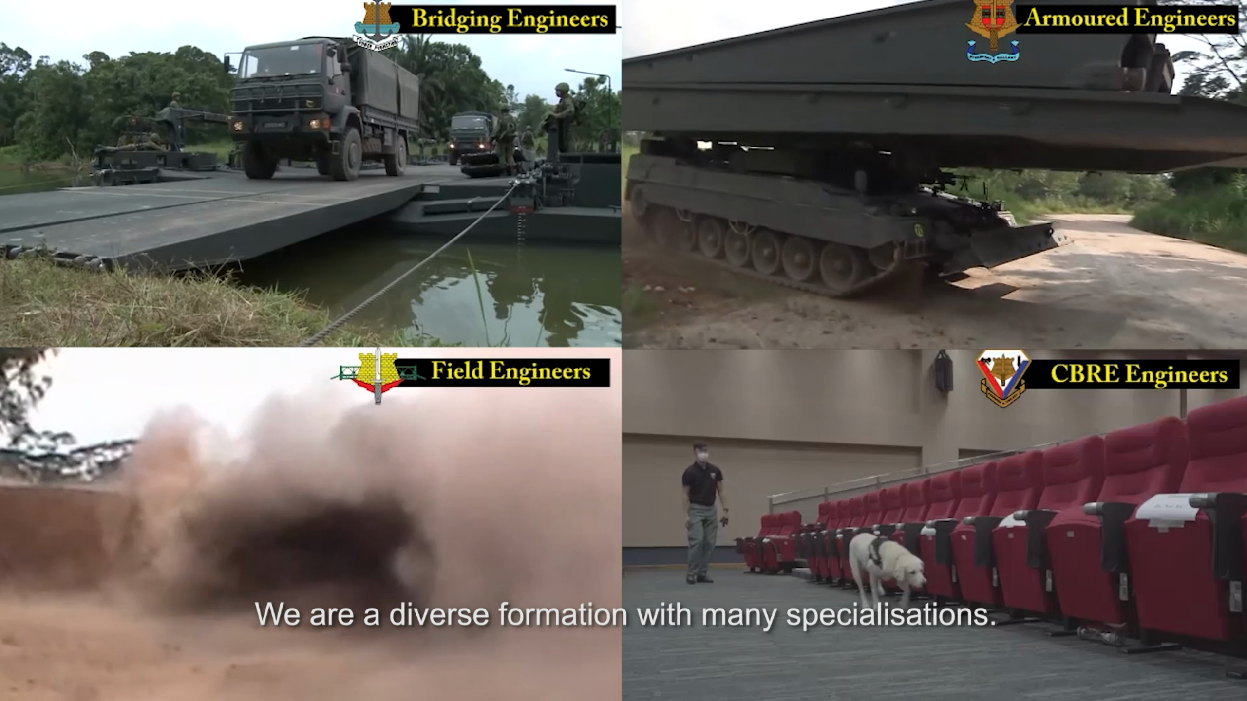 Combat engineers from various units including bridging and CBRE in action.