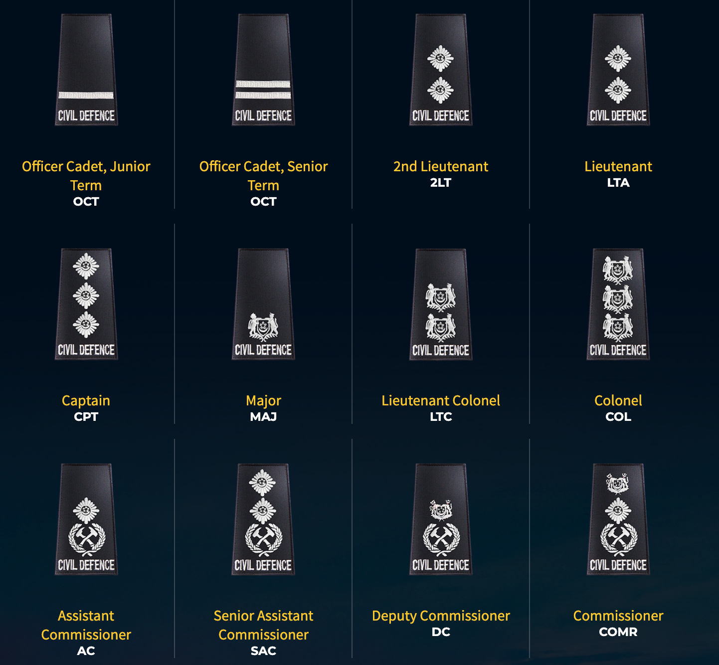 Chart of Singapore Civil Defence Force senior officers' rank insignia on dark background.