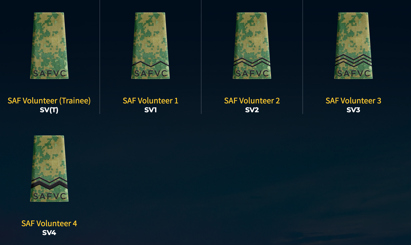 SAFVC rank insignia: Volunteer Trainee, SV1, SV2, SV3, SV4, all with camouflage pattern.