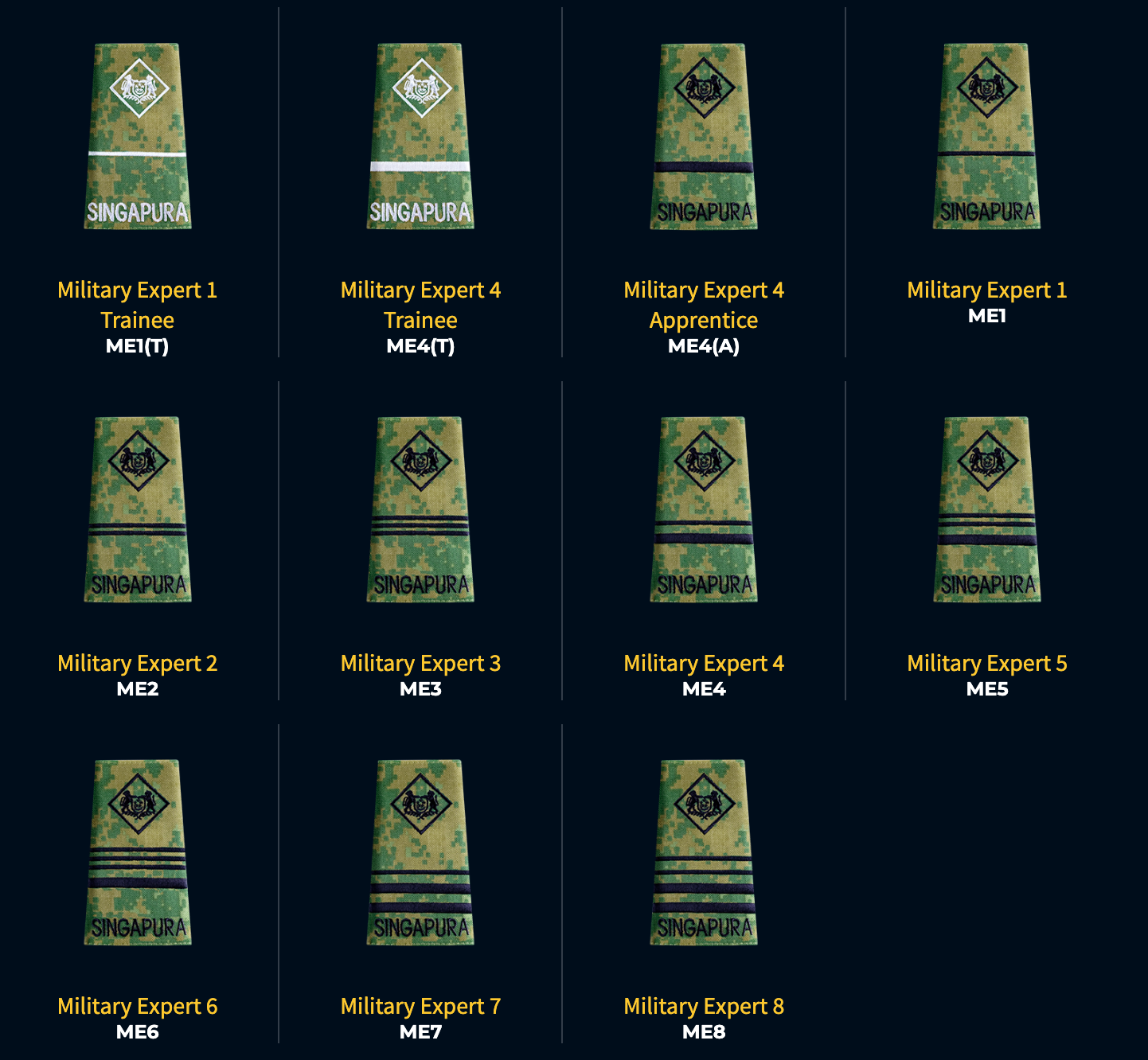 Singapore Armed Forces rank insignia display, showing Military Expert ranks 1 through 8.