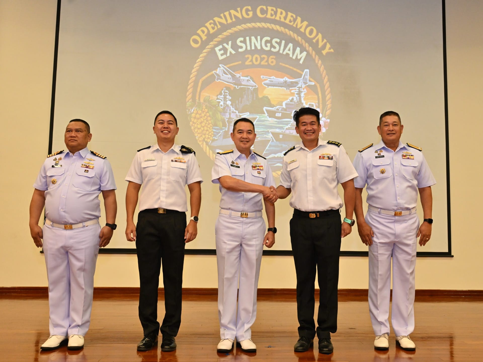 Deputy Fleet Commander Colonel Ng Yen Meng from the RSN (second from right) and Chief of Staff, Royal Thai Fleet, Vice Admiral Eakasit Woodypao (third from right) from the RTN, with exercise commanders from both navies at the opening ceremony of the exercise.