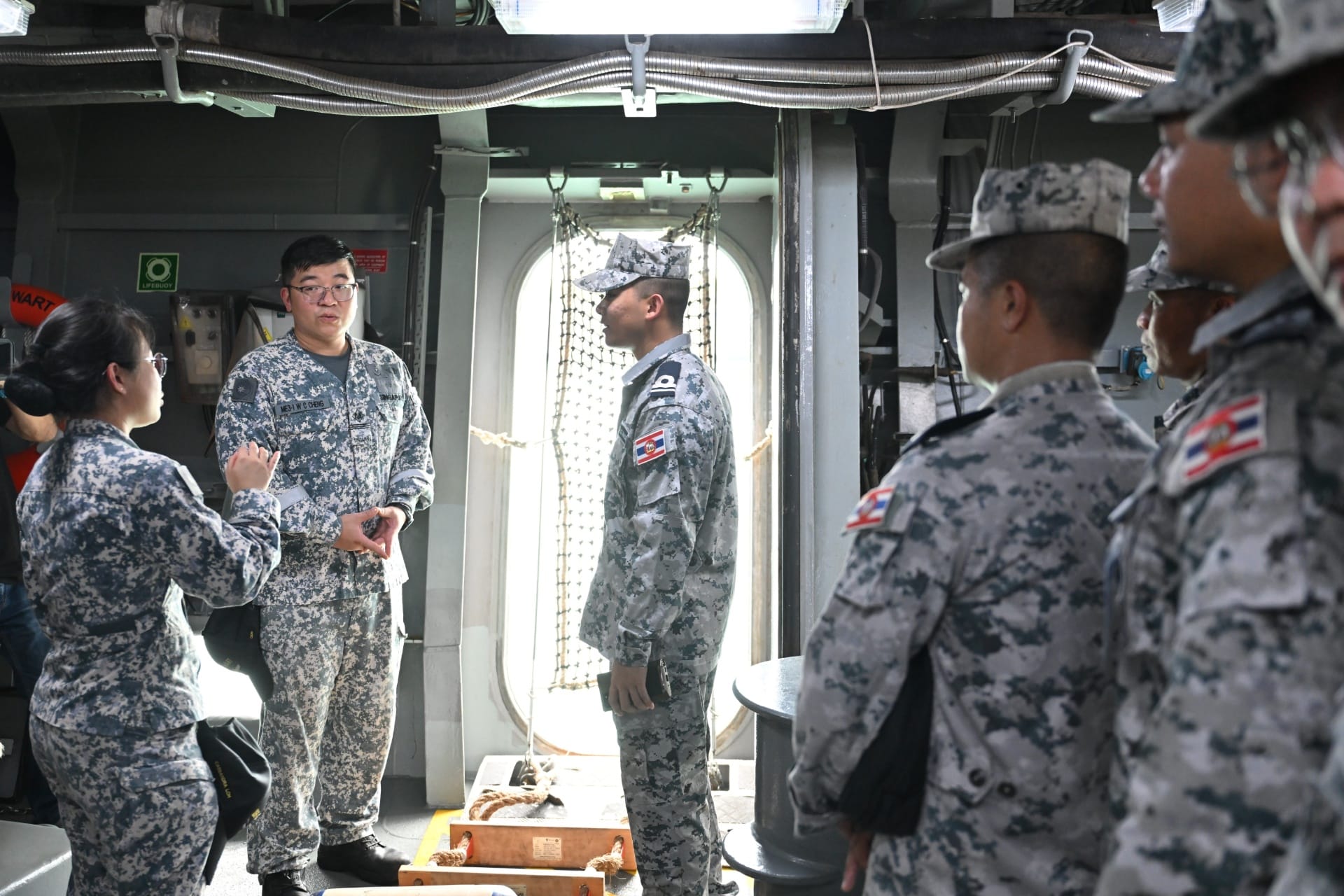 RTN personnel onboard RSN’s RSS Stalwart during a deck familiarisation as part of Exercise Singsiam 2026.