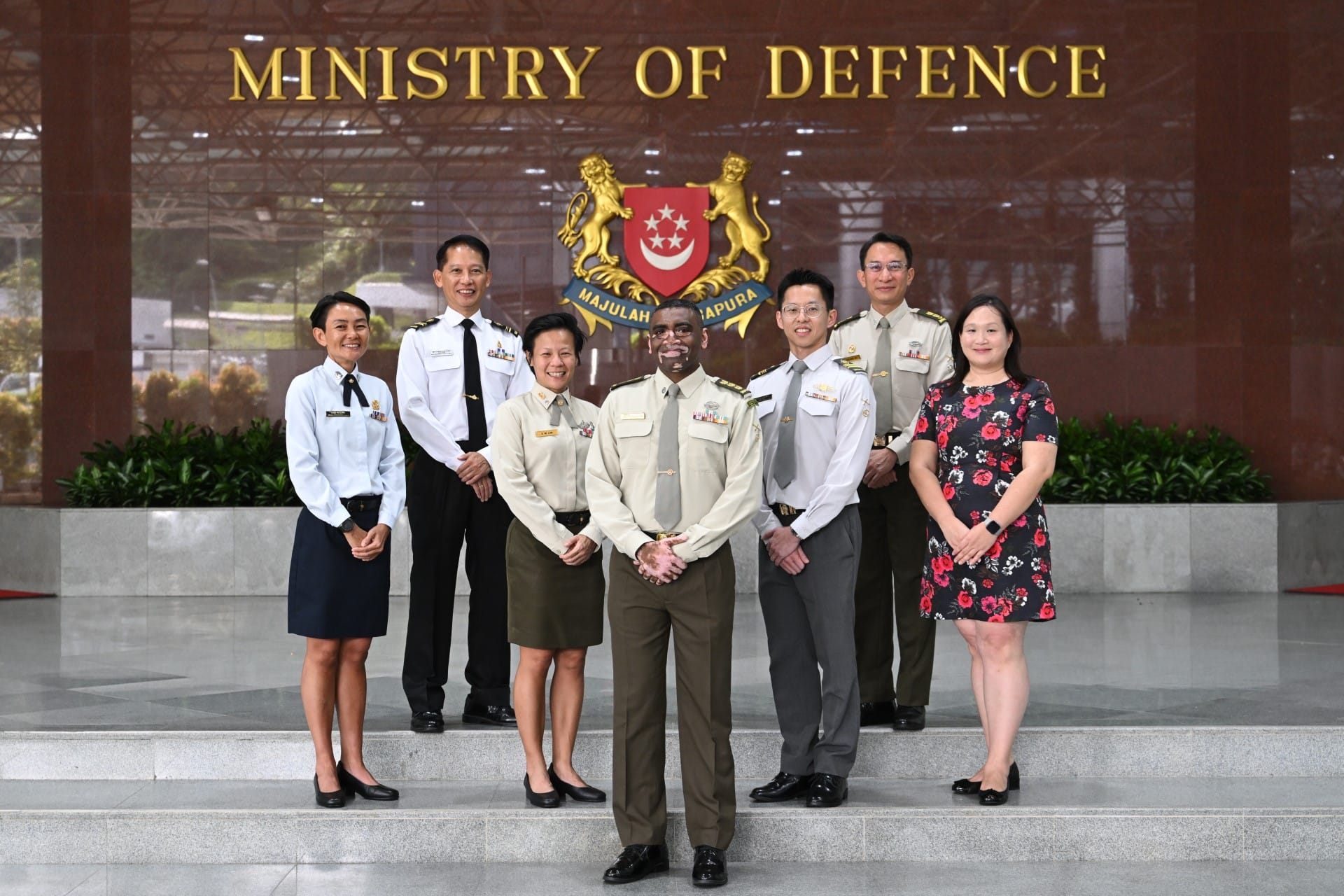 (Left to right) MWO Yuen Pui Leng, ME5 Steven Kwok Kum Loong, SLTC Lim Shumin, COL Anand S/O Sathi Kumar, ME6 Ku Shi Qin, SLTC(NS) Halmie Bin Hussein Mattar, DX15 Ong Fen Fen Melissa are among the Warrant Officers, Military Experts, Officers, DXO and civilians to be promoted.