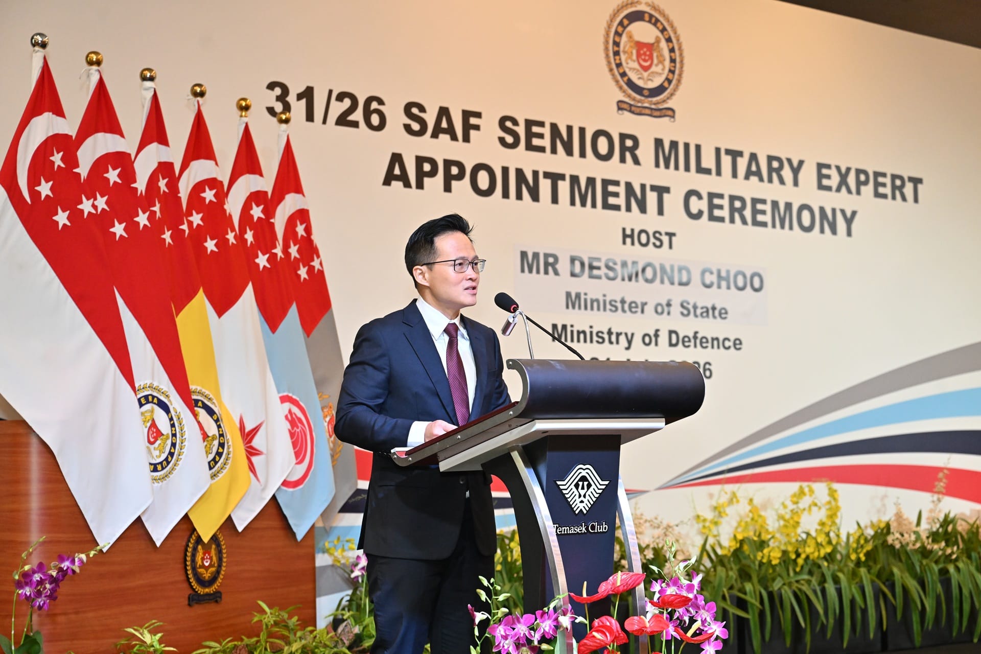 Minister of State for Defence Mr Desmond Choo delivering his speech at the 31st Senior Military Expert Appointment Ceremony (SMEAC).