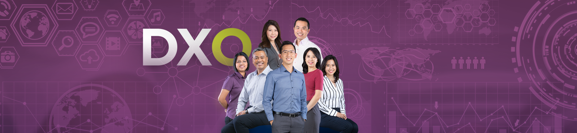 Group of DXO professionals standing confidently before a digital data-themed purple background with "DXO" text.