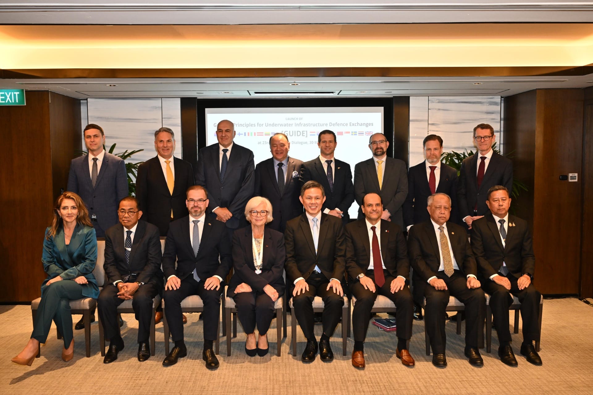 Minister for Defence Mr Chan Chun Sing (centre) alongside Ministers and representatives from 16 partner countries during the launch of the Guiding Principles for Underwater Infrastructure Defence Exchanges.