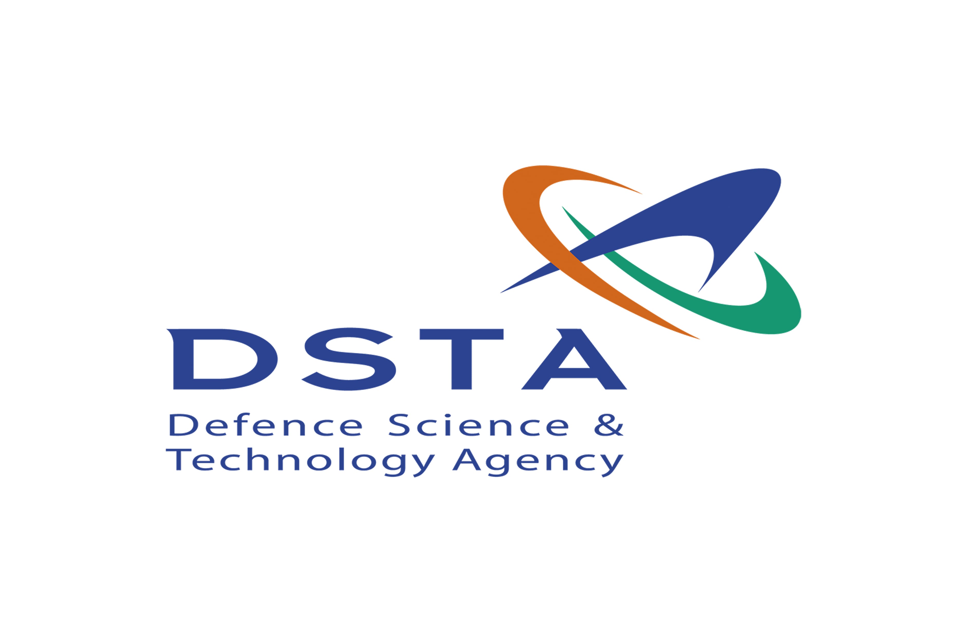 Logo of Defence Science and Technology Agency with blue text and orbital swoosh.