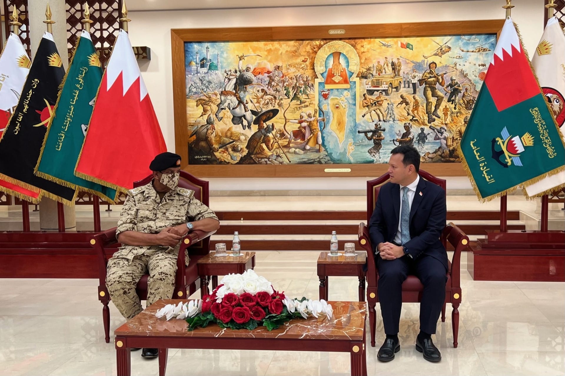 Mr Zaqy (right) meeting Commander-in-Chief of the Bahrain Defence Force Field Marshal Shaikh Khalifa Bin Ahmed Al Khalifa (left).
