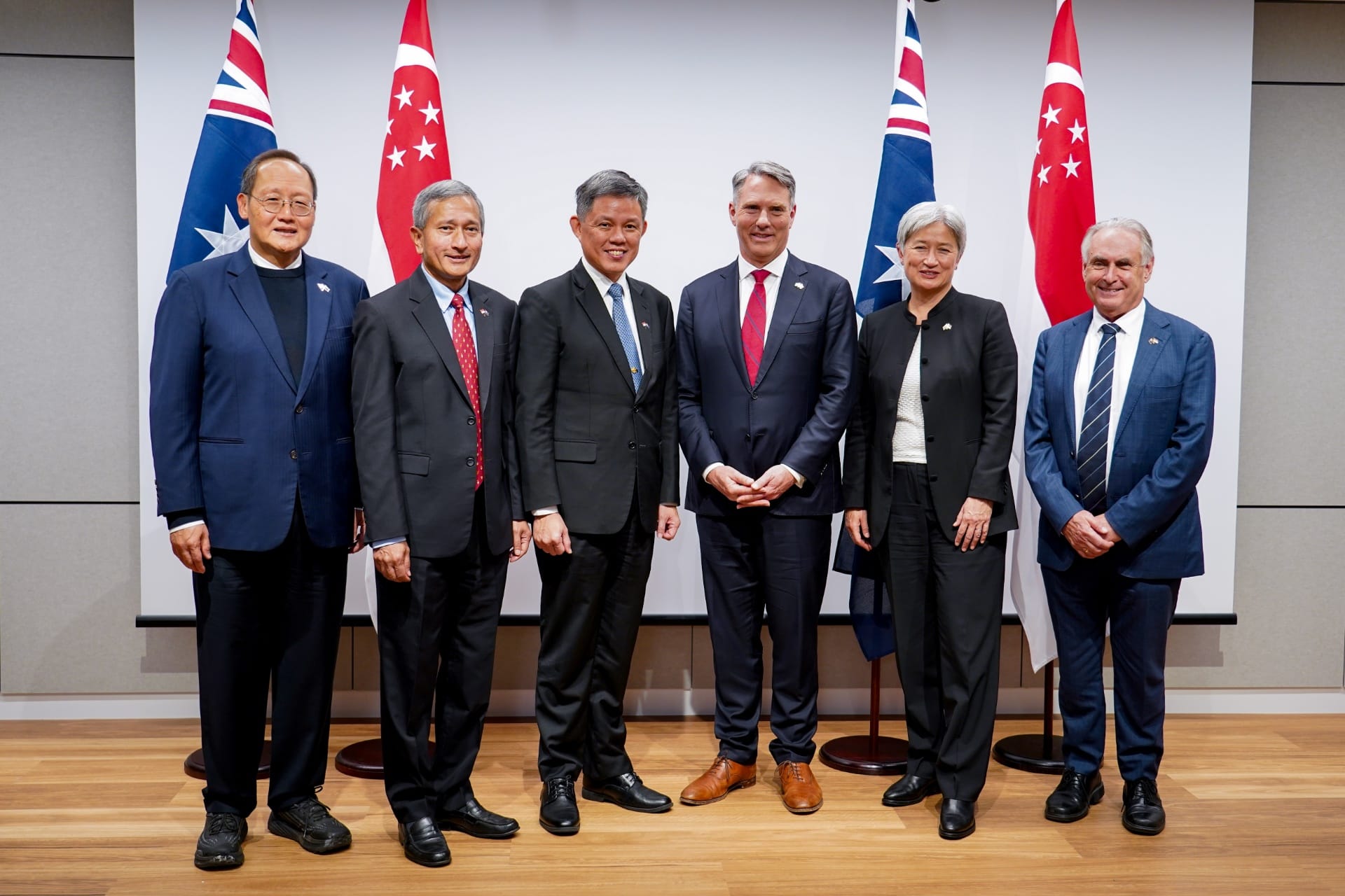 Minister for Defence Chan Chun Sing (third from left), Minister for Foreign Affairs Dr Vivian Balakrishnan (second from left), and Minister for Trade and Industry (Energy and Industry) Dr Tan See Leng (first from left) attended the 15th meeting of the Singapore-Australia Joint Ministerial Committee at Adelaide, Australia.