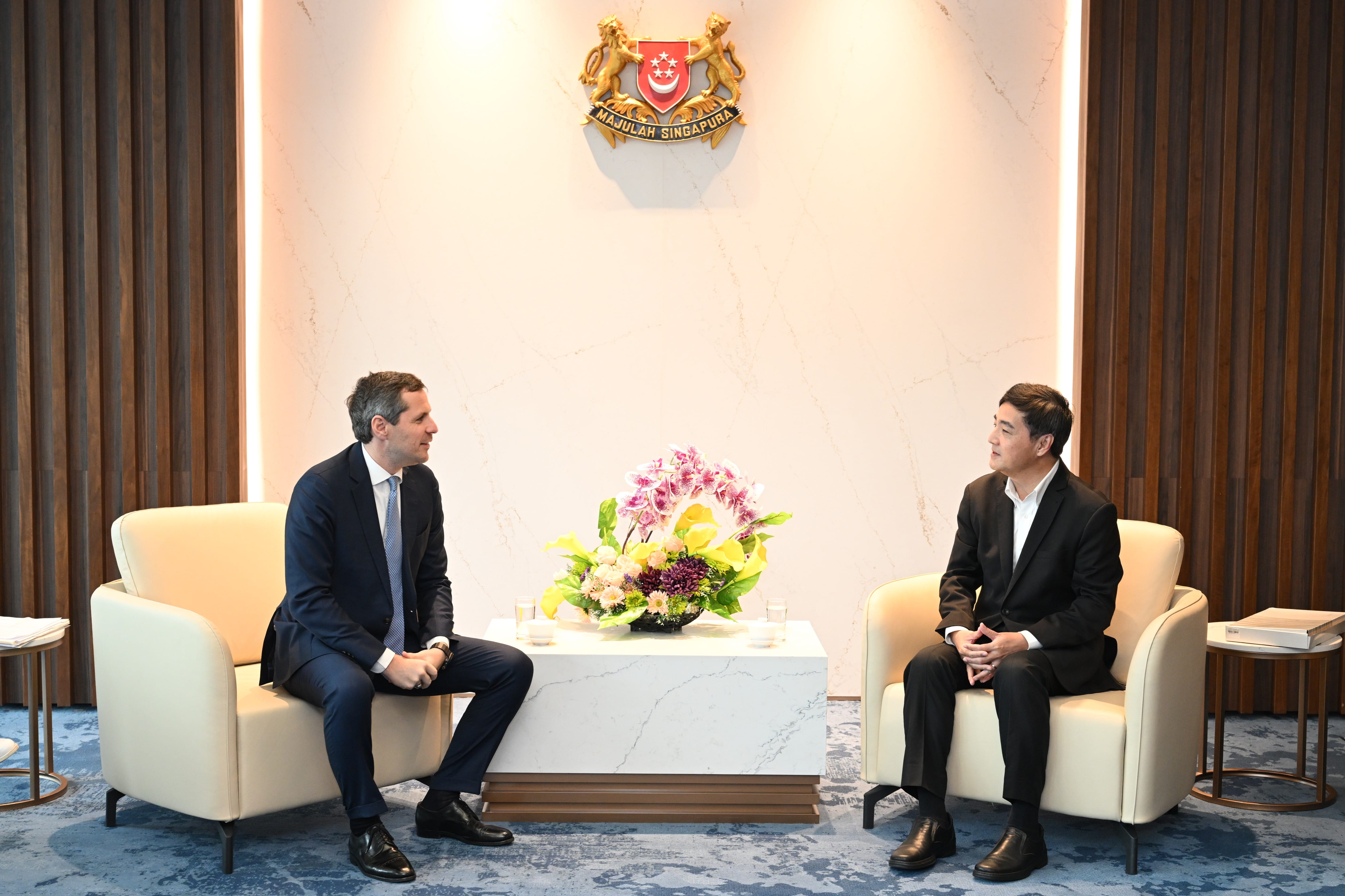 Undersecretary of State for Defense at the Ministry of Italy Mr Matteo Perego di Cremnago (left) calling on Senior Minister of State (SMS) for Defence Mr Heng Chee How (right) at the Ministry of Defence this morning.