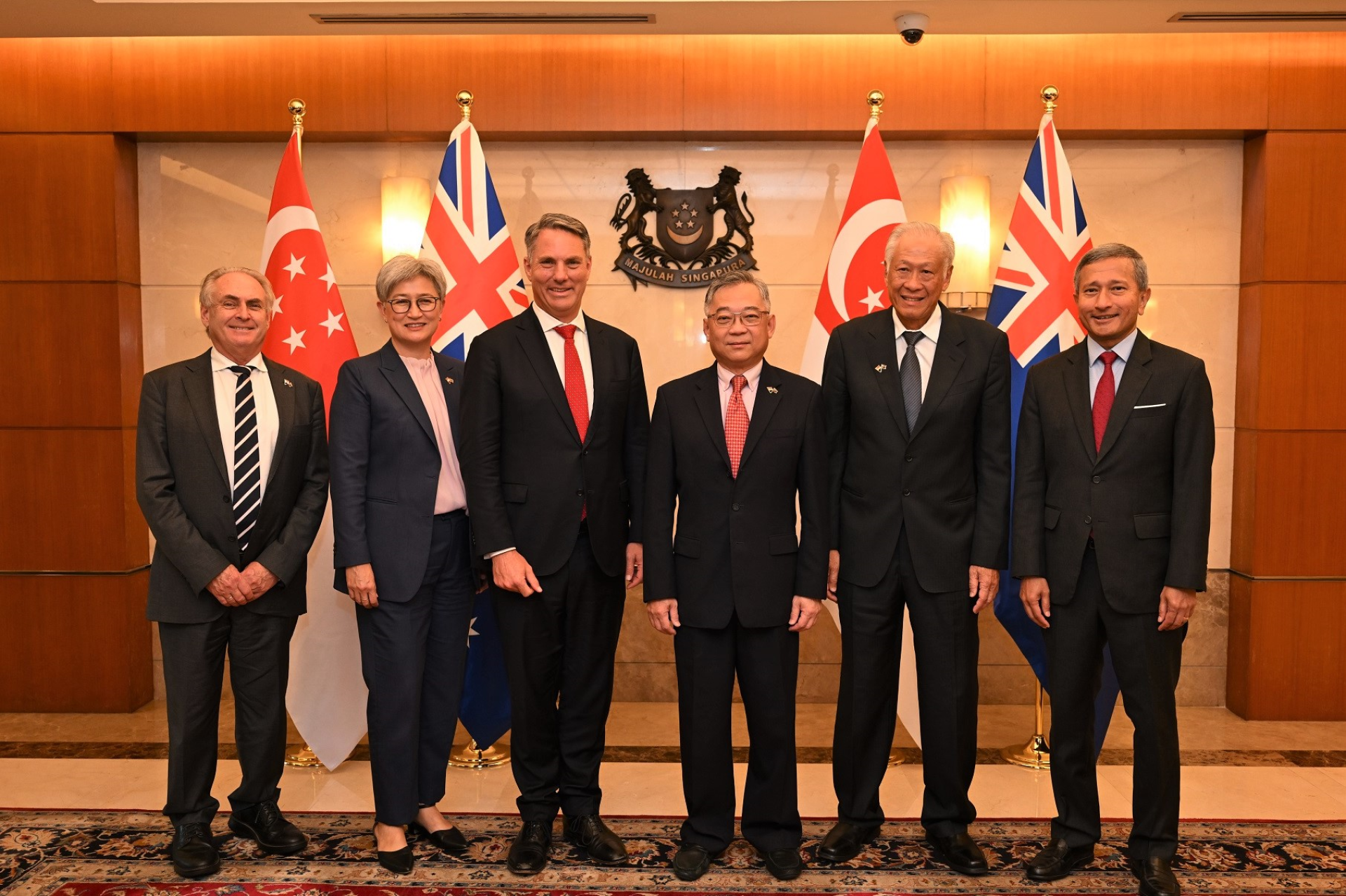 Minister for Trade and Tourism and Special Minister of State Mr Don Farrell, Minister for Foreign Affairs Ms Penny Wong, Deputy Prime Minister and Minister for Defence Mr Richard Marles, Deputy Prime Minister and Minister for Trade and Industry Mr Gan Kim Yong, Minister for Defence Dr Ng Eng Hen and Minister for Foreign Affairs Dr Vivian Balakrishnan (from left to right) at the 14th Singapore-Australia Joint Ministerial Committee (SAJMC) meeting.