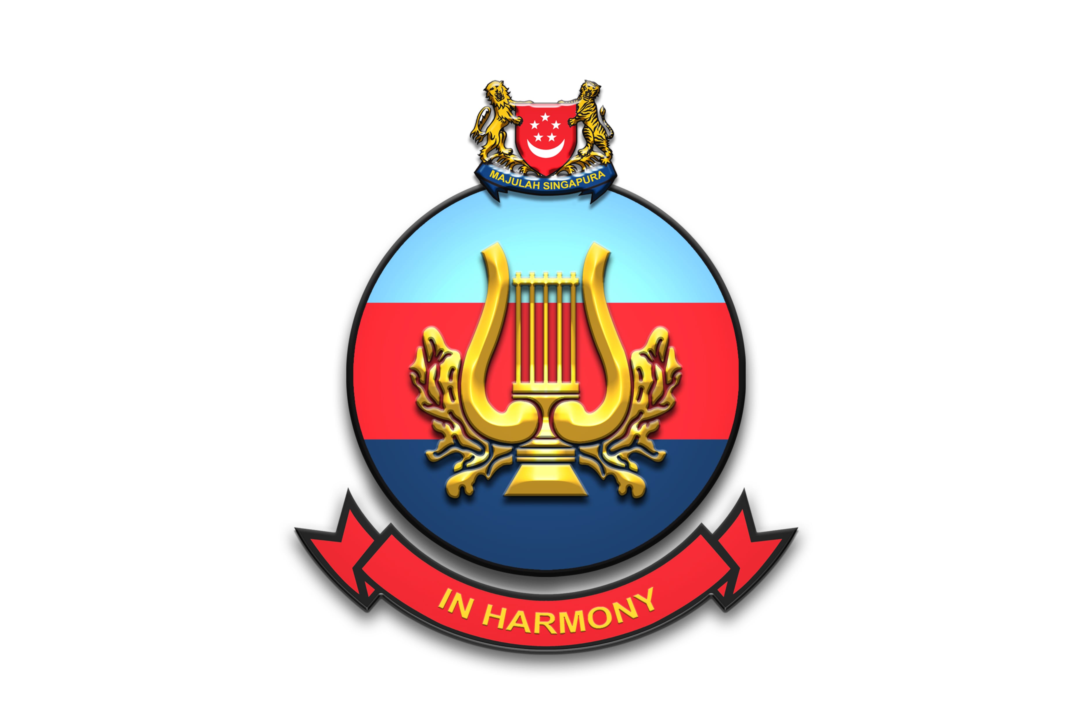 SAF Band emblem with gold lyre, red-blue background, and banner reading “In Harmony”