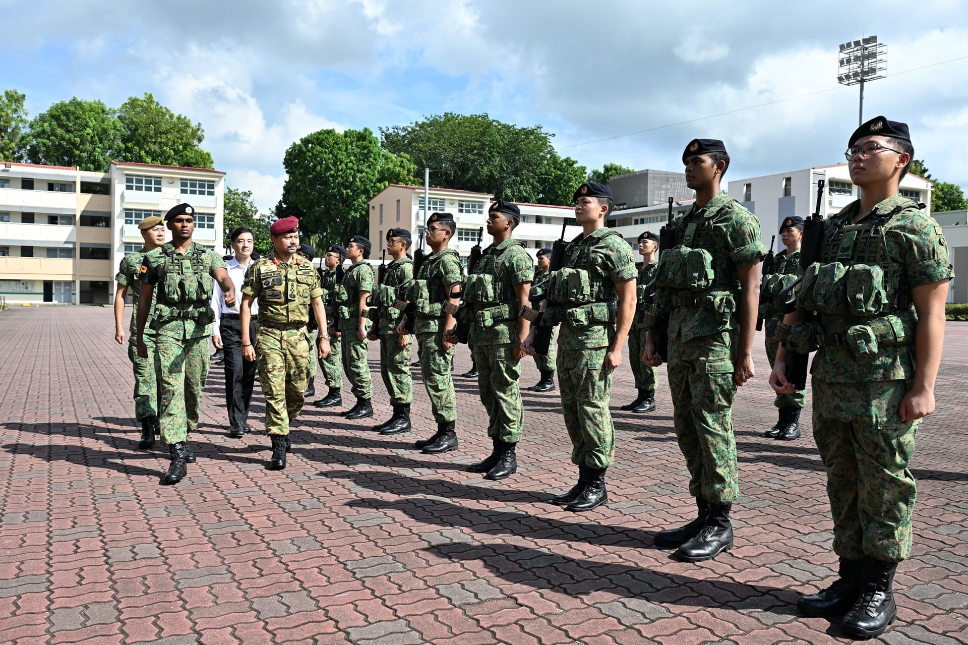 His Royal Highness Prince Haji Al-Muhtadee Billah, the Crown Prince and Senior Minister at the Prime Minister’s Office of Brunei Darussalam, reviewing a Welcome Guard this morning.
