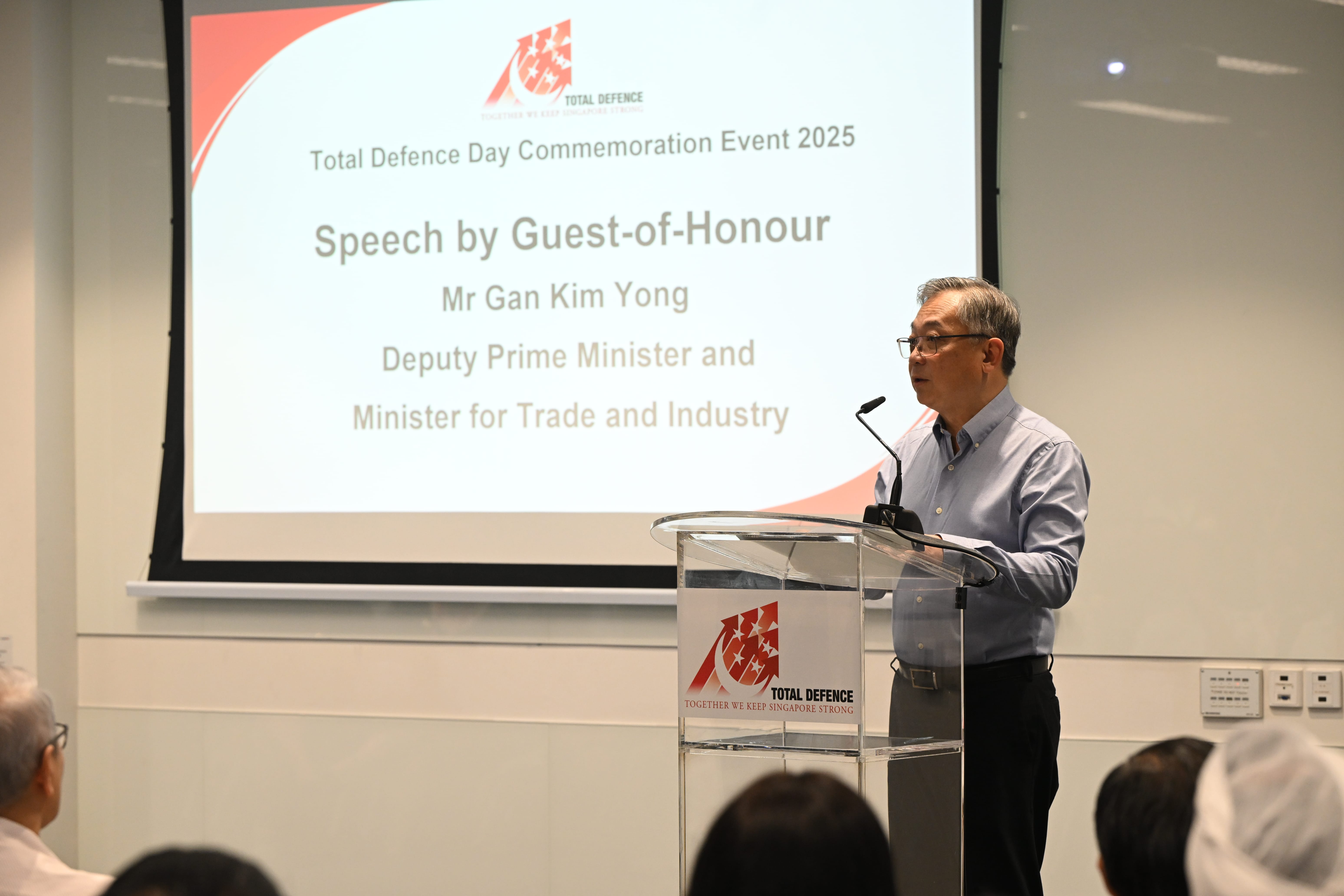 Deputy Prime Minister (DPM) and Minister for Trade and Industry Mr Gan Kim Yong delivering his speech at the Total Defence Day Commemoration Event at the Singapore Business Federation (SBF) Center this afternoon.