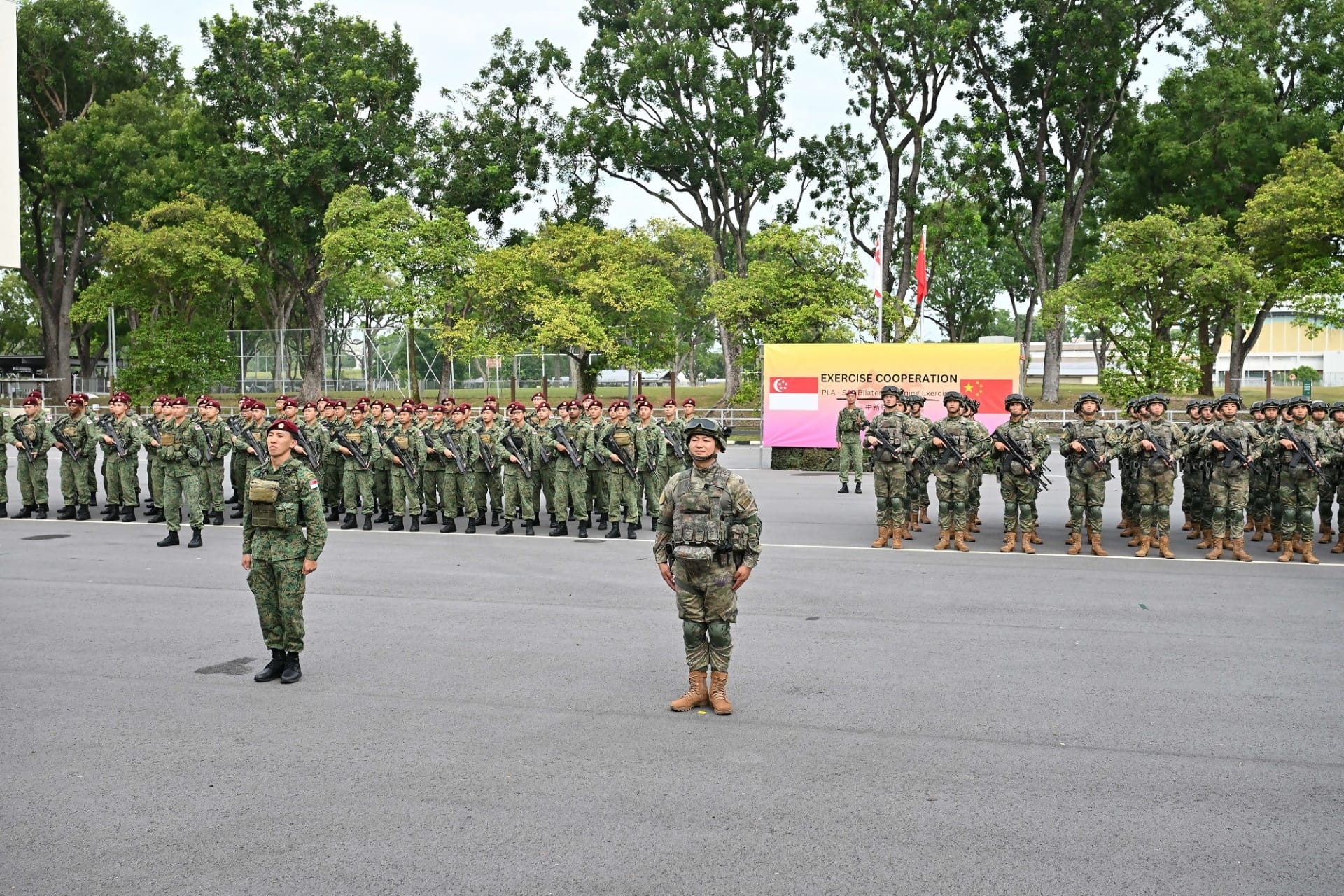 Soldiers from the Singapore Army and People's Liberation Army (PLA) forming up for the Exercise Cooperation 2025 (XC25) Opening Ceremony.