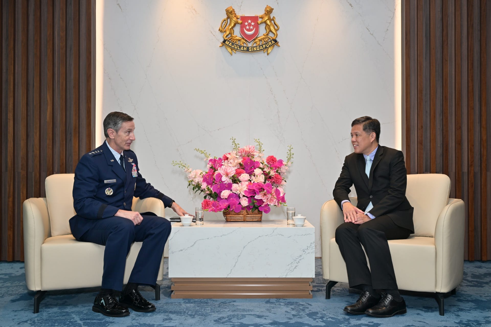 US Commander of the Pacific Air Forces (PACAF) General (GEN) Kevin Schneider calling on Minister for Defence Mr Chan Chun Sing.
