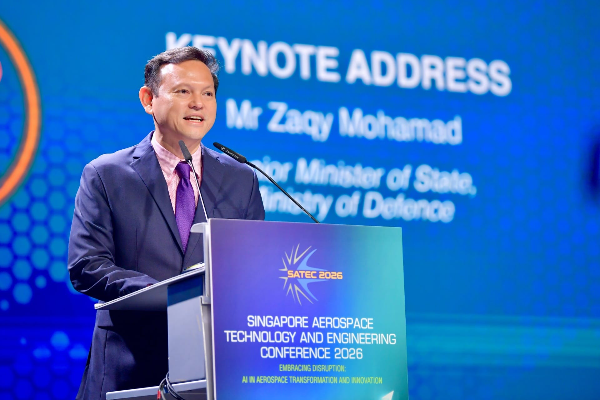 Senior Minister of State for Defence Mr Zaqy Mohamad delivering his keynote address at the Singapore Aerospace Technology and Engineering Conference this morning.