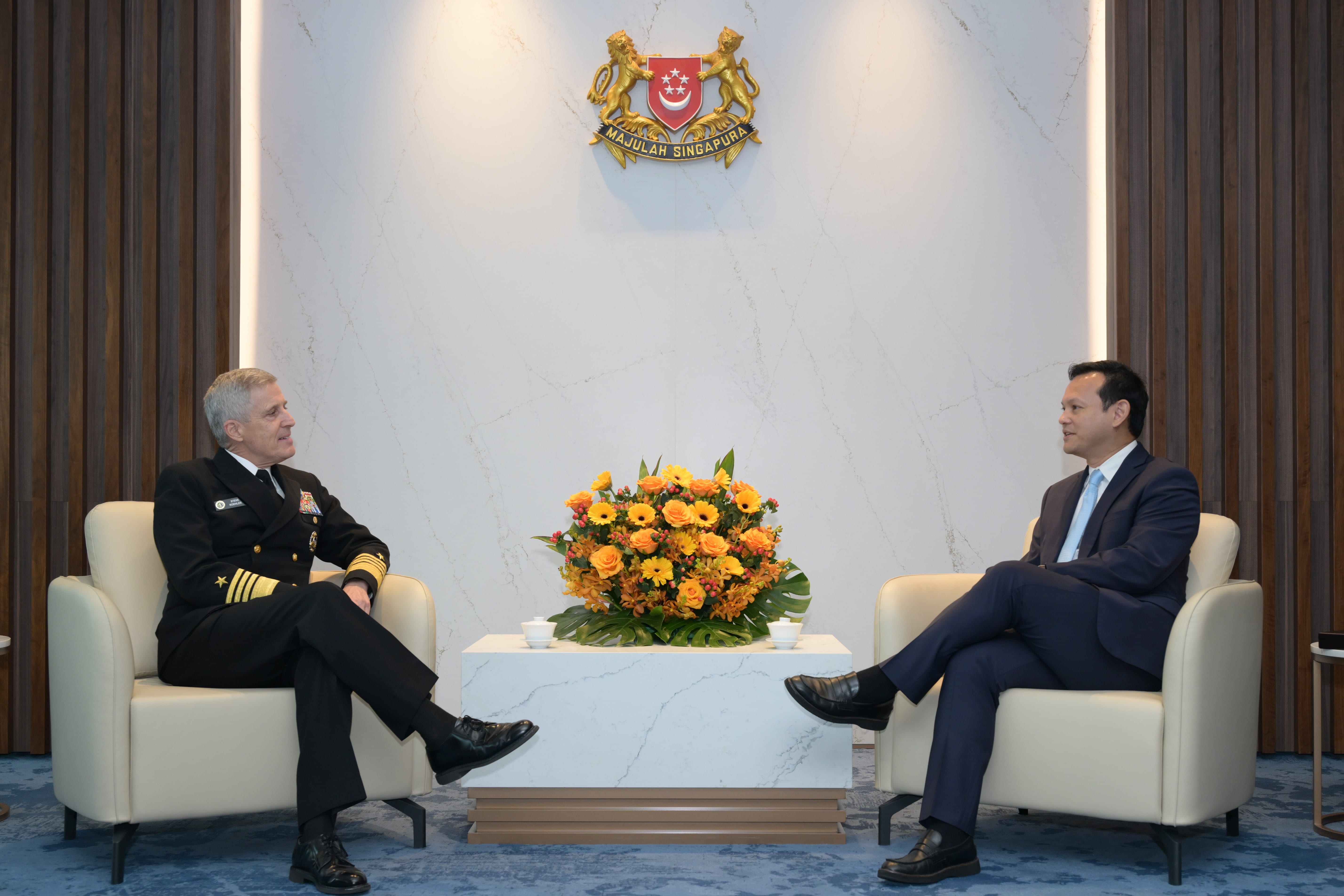 Commander of the United States Pacific Fleet Admiral (ADM) Stephen Koehler (left) calling on Senior Minister of State for Defence Mr Zaqy Mohamad at the Ministry of Defence (MINDEF) earlier today.