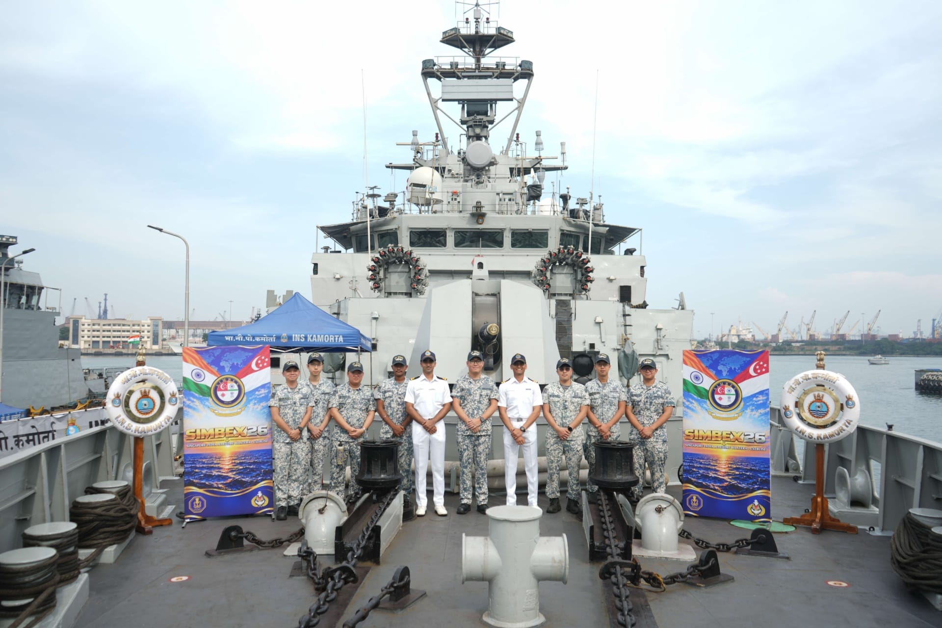 RSN personnel aboard INS Kamorta as part of the cross ship visits.