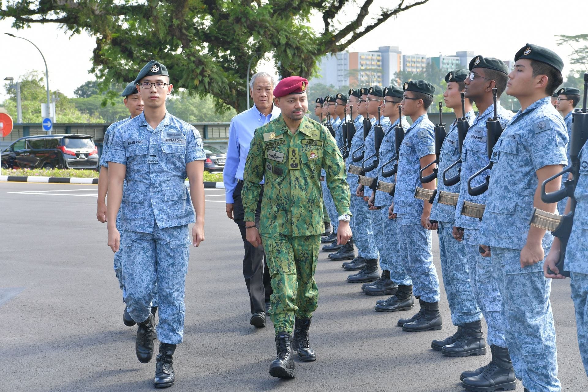 His Royal Highness Prince Haji Al-Muhtadee Billah, the Crown Prince and Senior Minister at the Prime Minister’s Office of Brunei Darussalam, reviewing a Welcome Guard this morning.