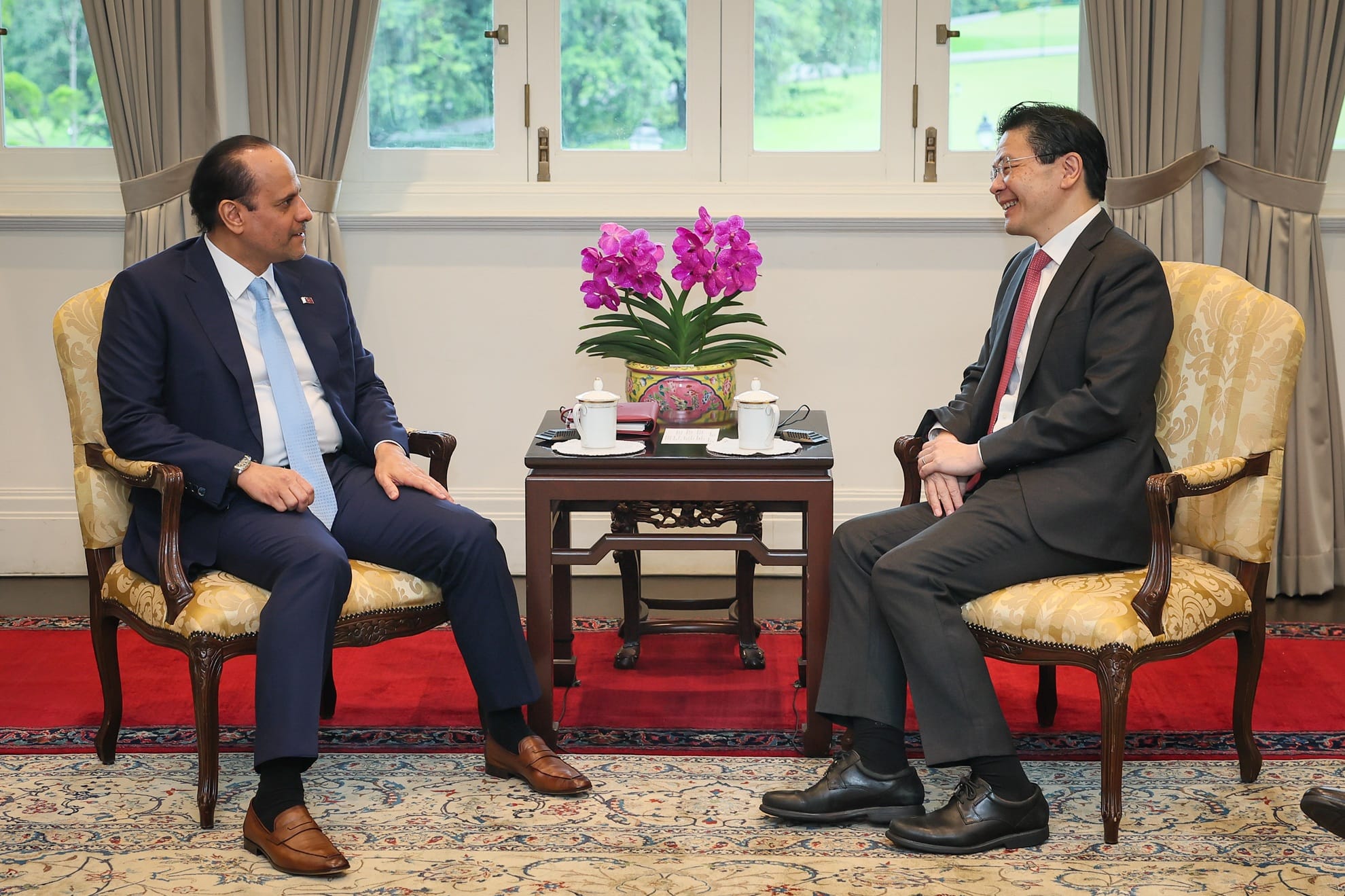 Qatar Deputy Prime Minister and Minister of State for Defence Affairs His Excellency Sheikh Saoud bin Abdulrahman bin Hassan bin Ali Al Thani (left) called on Prime Minister and Minister for Finance Lawrence Wong (right) at the Istana today, on the sidelines of the 23rd Shangri-La Dialogue. Credit: MDDI