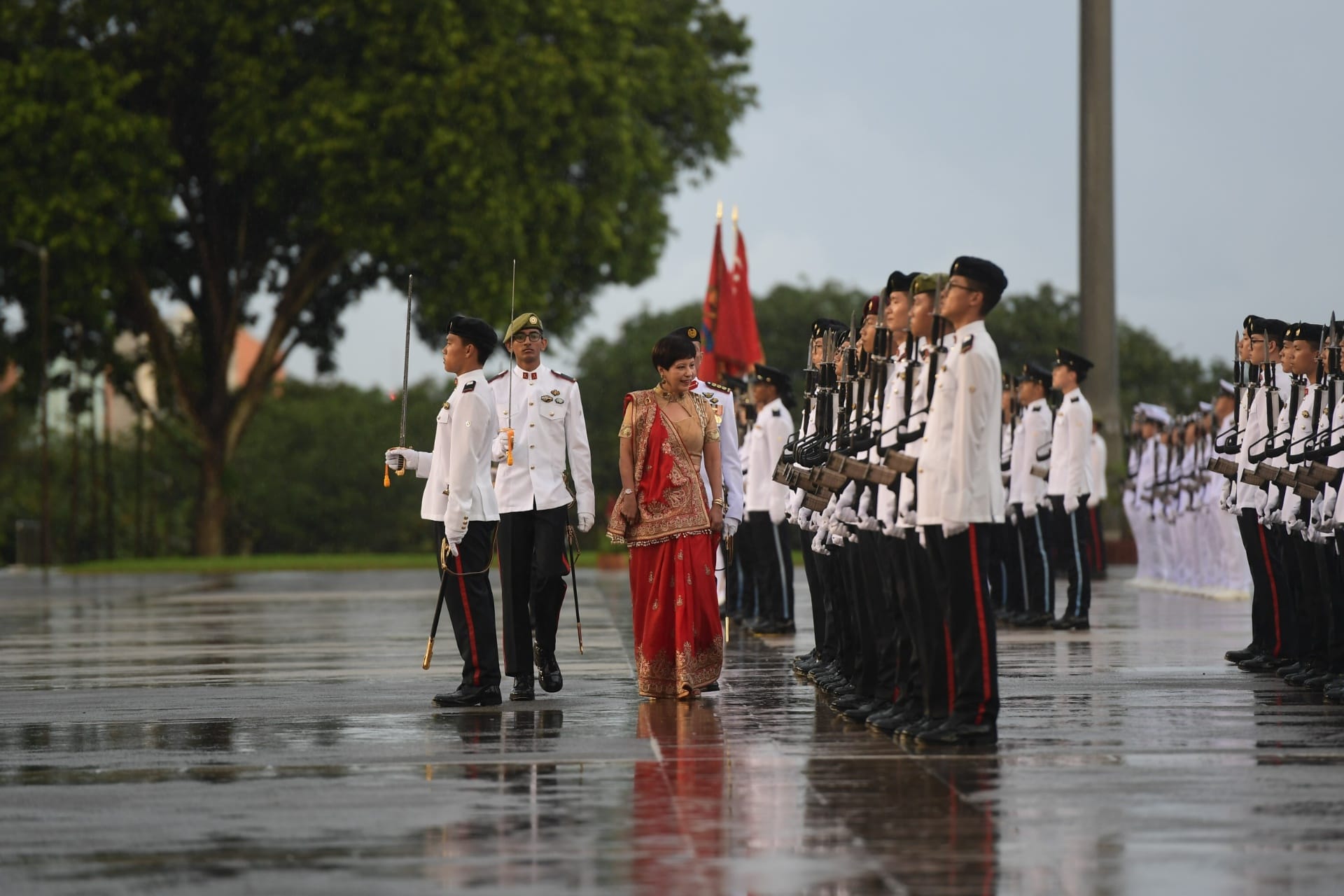 Minister in the Prime Minister’s Office, Second Minister for Finance and National Development, Ms Indranee Rajah reviewing the contingents at the 139th Officer Cadet Commissioning Parade this evening.