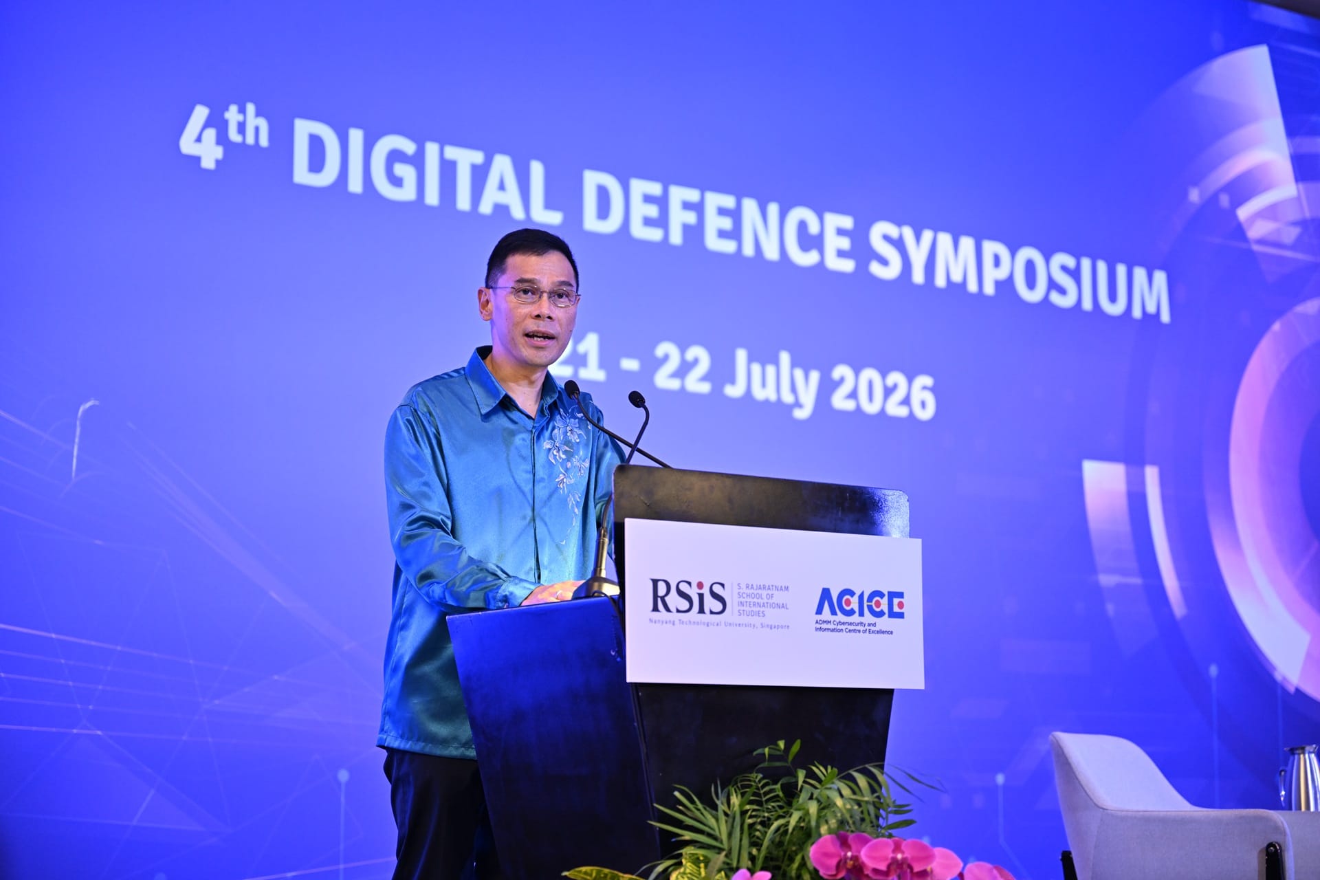 Permanent Secretary (Defence) Mr Joseph Leong delivering the opening remarks at the official dinner of the 4th Digital Defence Symposium, co-organised by the ASEAN Defence Ministers' Meeting (ADMM) Cybersecurity and Information Centre of Excellence (ACICE) and the S. Rajaratnam School of International Studies (RSIS).