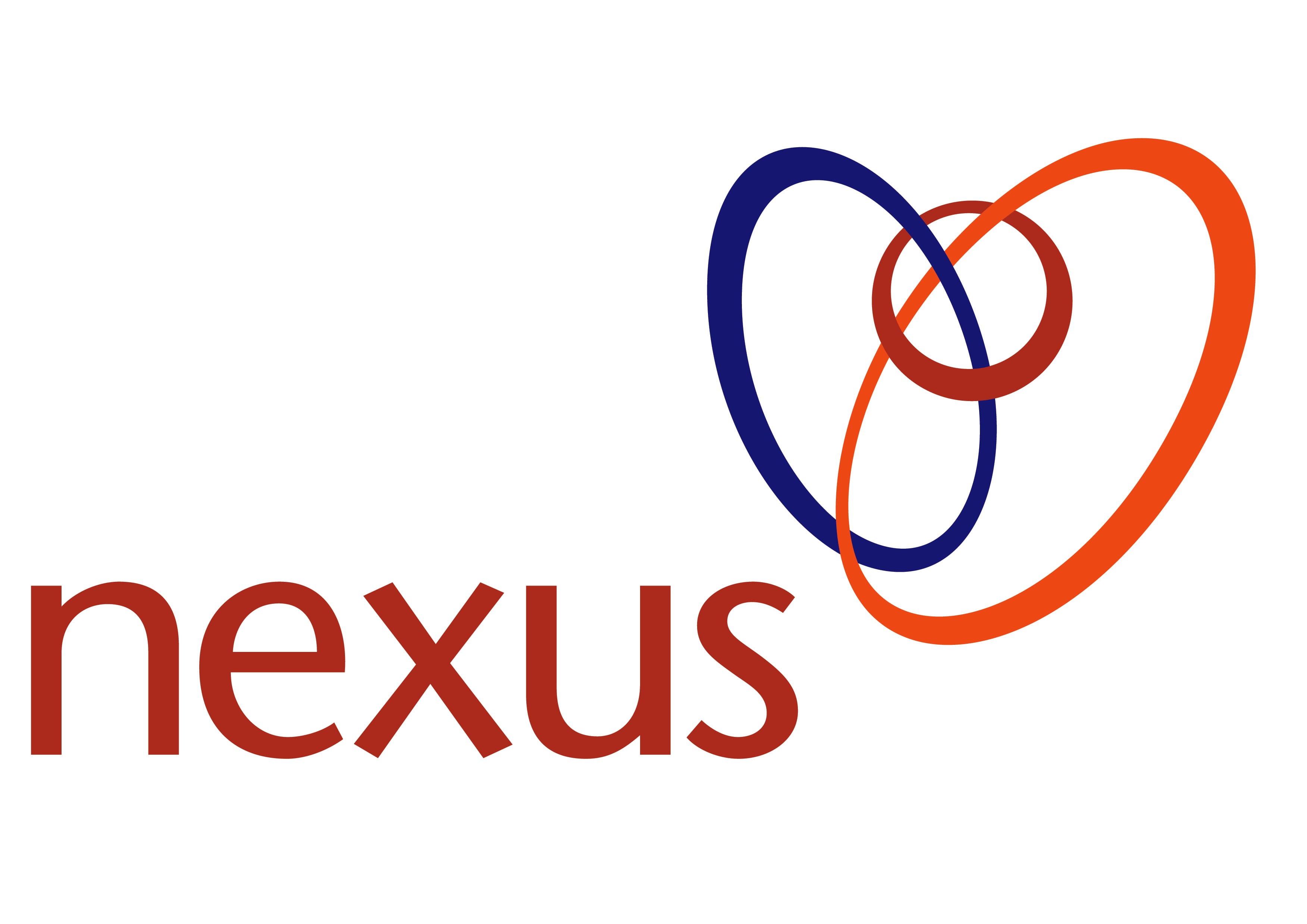 Nexus logo with red text and overlapping blue, red, and orange abstract rings on the right.