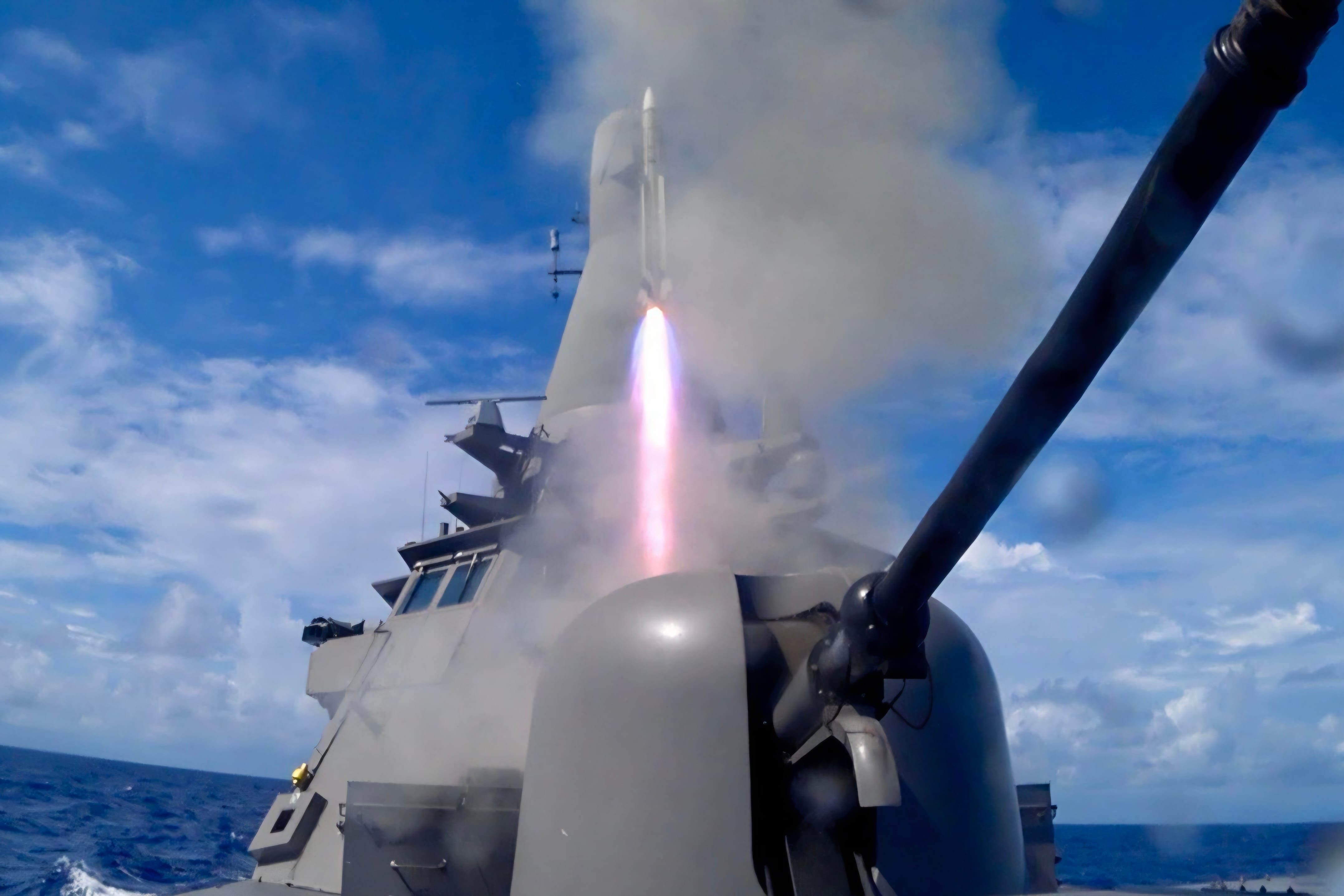 RSS Sovereignty firing a MICA surface-to-air missile at a fast-moving aerial target during XPG 25.