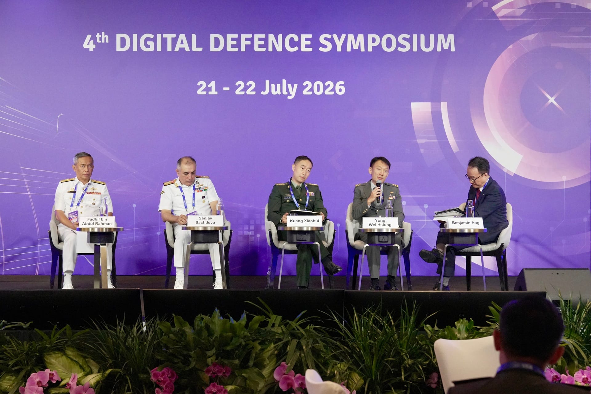 Rear Admiral Yong Wei Hsiung, Chief of Staff, Digital and Intelligence Service (second from right), speaking at the panel titled “The Cyber-Information Helix: Strands on the same code”, moderated by Mr Benjamin Ang, Head, Centre of Excellence for National Security (CENS), NTU RSIS (first from right).