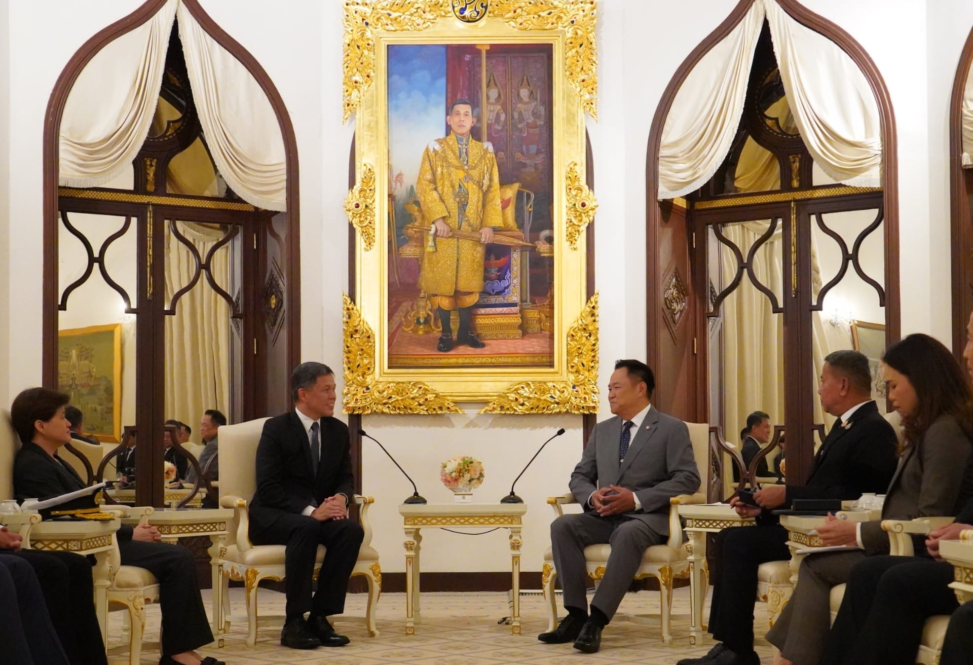 Minister for Defence Mr Chan Chun Sing (left) calling on Thai Prime Minister and Minister of Interior Mr Anutin Charnvirakul (right) at the Government House earlier today.