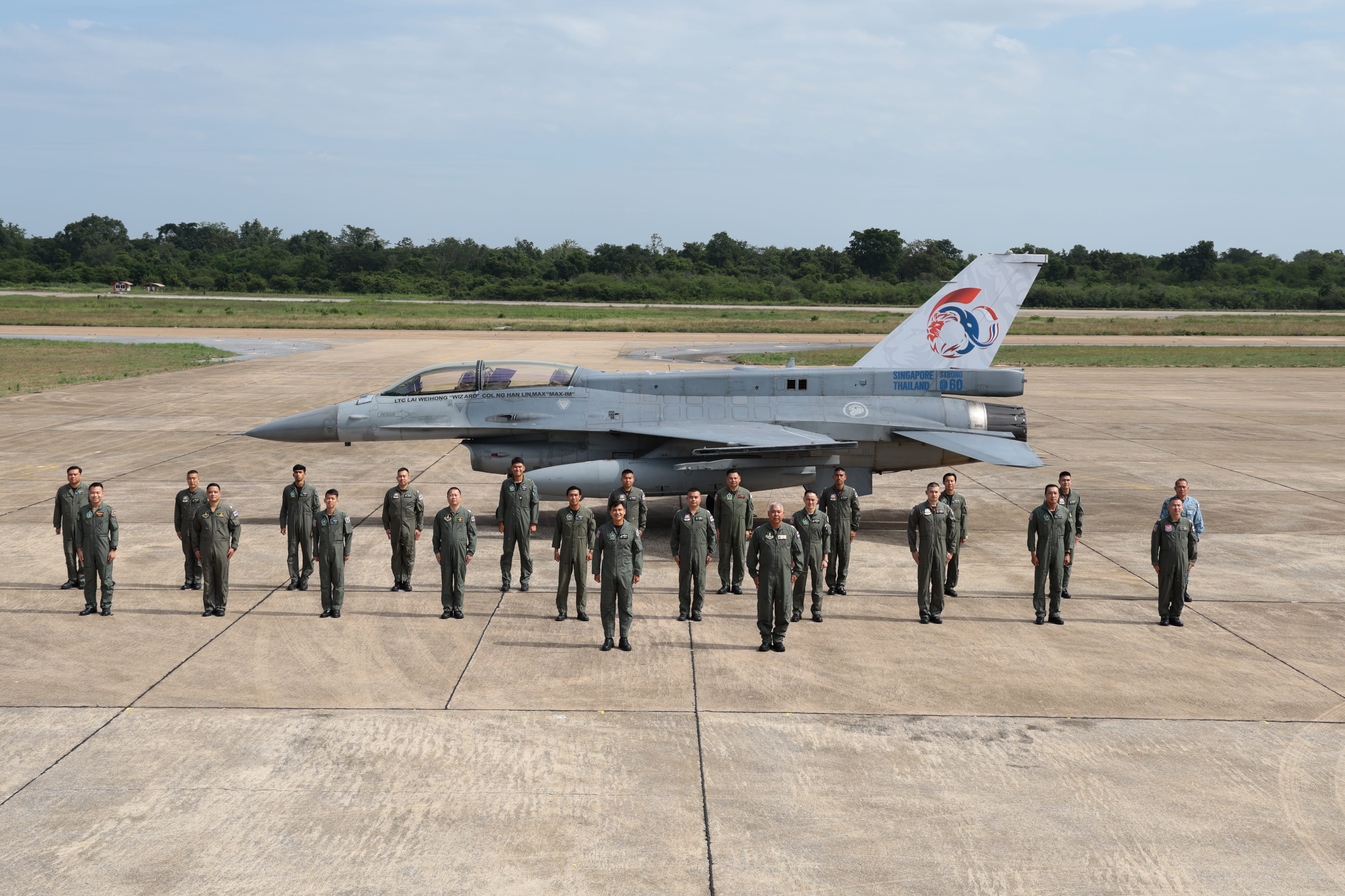 Exercise participants from both air forces at the opening ceremony of Exercise Air Thai Sing 2025 in Korat Air Base, Thailand.