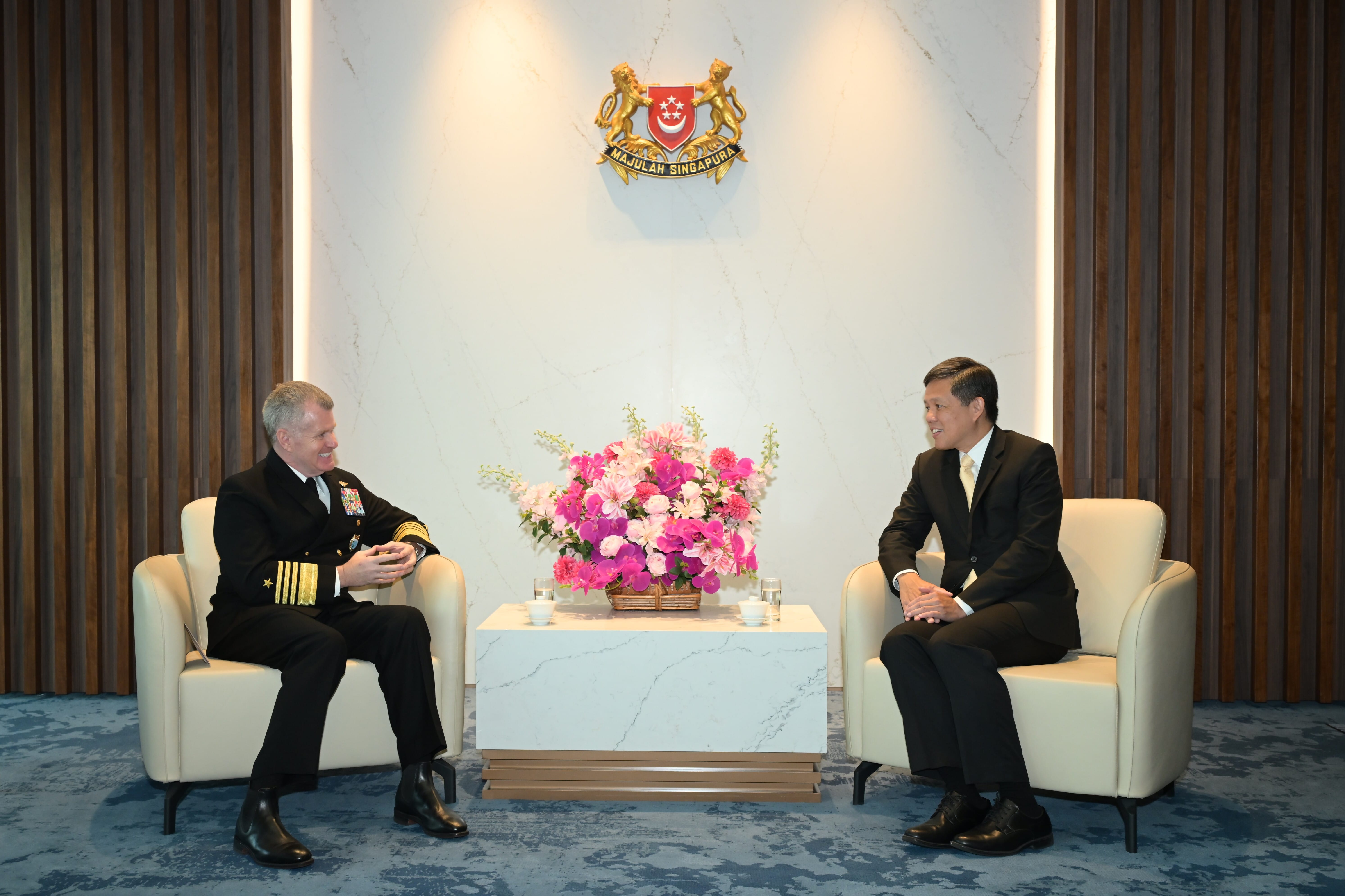 Commander of the United States Indo-Pacific Command Admiral (ADM) Samuel Paparo (left) calling on Minister for Defence, Mr Chan Chun Sing (right) earlier today.