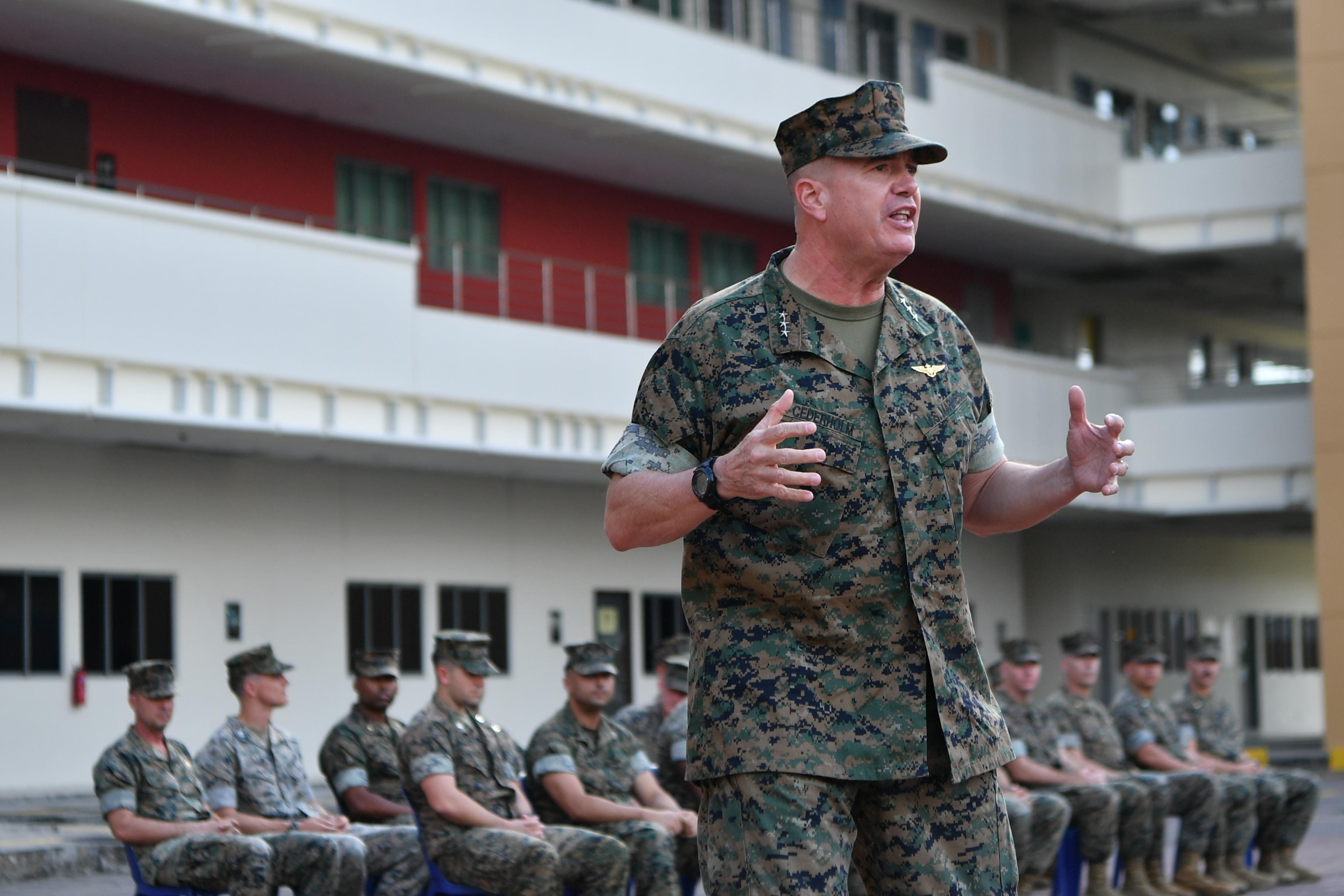 Commander I Marine Expeditionary Force (I MEF), Lieutenant General Michael S. Cederholm giving the opening remarks.