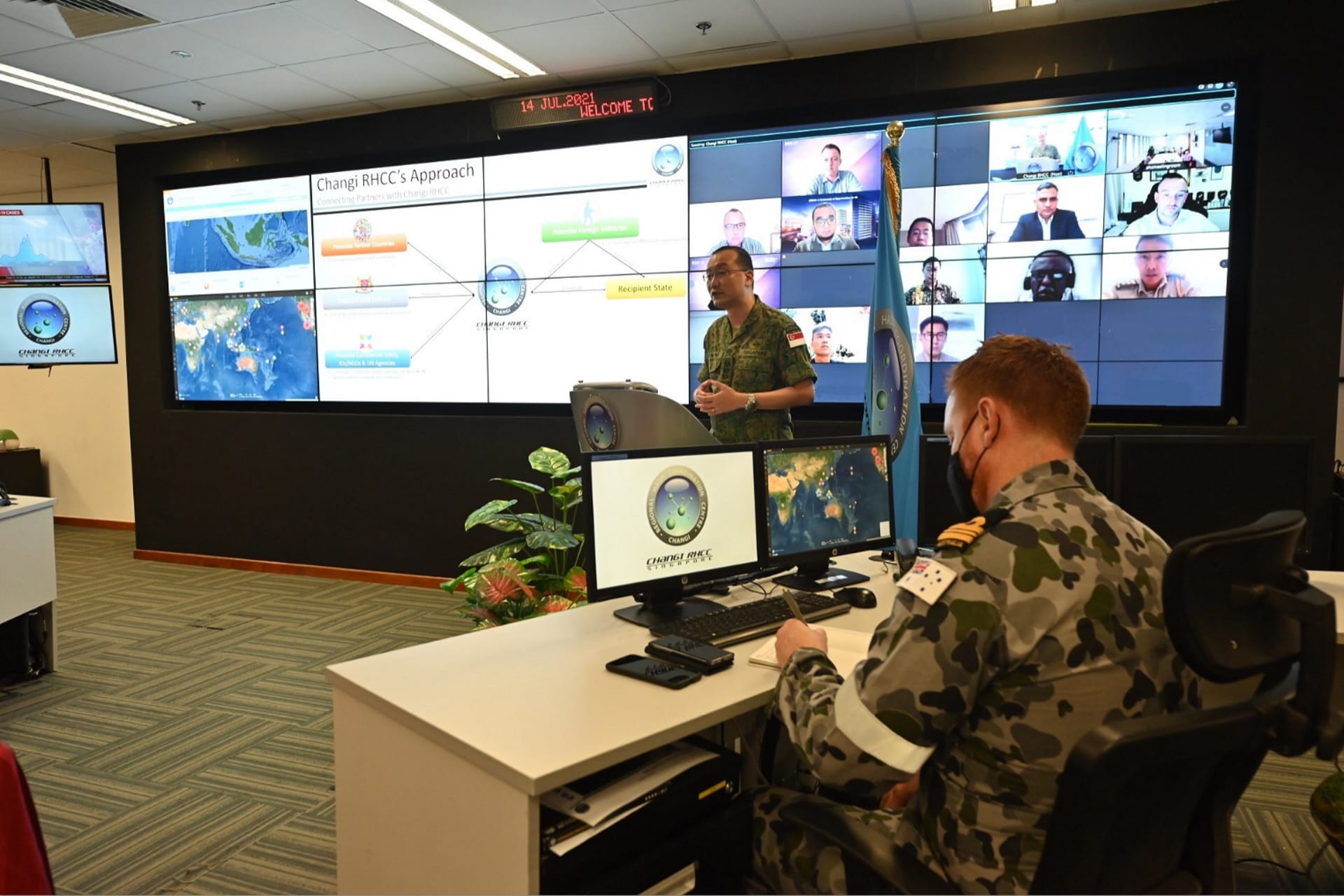 Director Changi Regional Humanitarian Assistance and Disaster Relief (HADR) Coordination Centre, Colonel (COL) Melvin Tan chairing the video conference session attended by representatives of local and foreign government agencies and HADR coordination centres, private institutions and NGOs.
