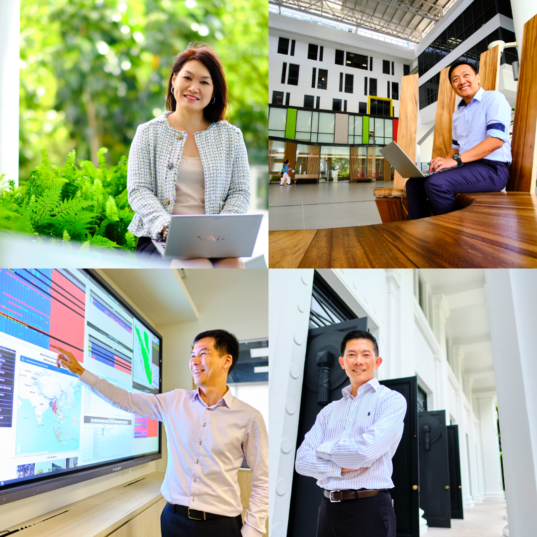 Four-panel collage of professionals in diverse work settings with laptops.