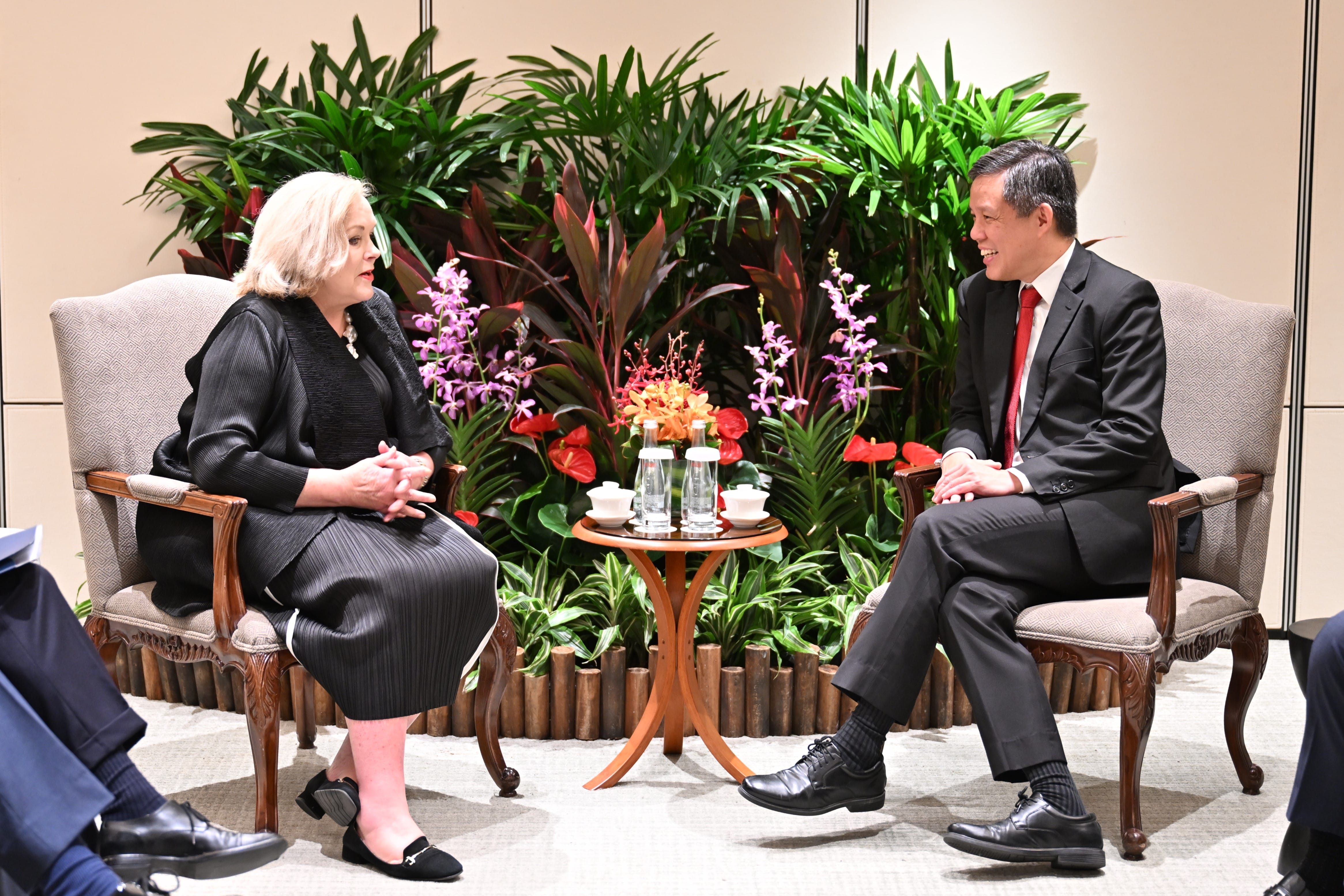 New Zealand Minister of Defence Judith Collins KC called on Minister for Defence Mr Chan Chun Sing this morning on the sidelines of the 22nd Shangri-La Dialogue.