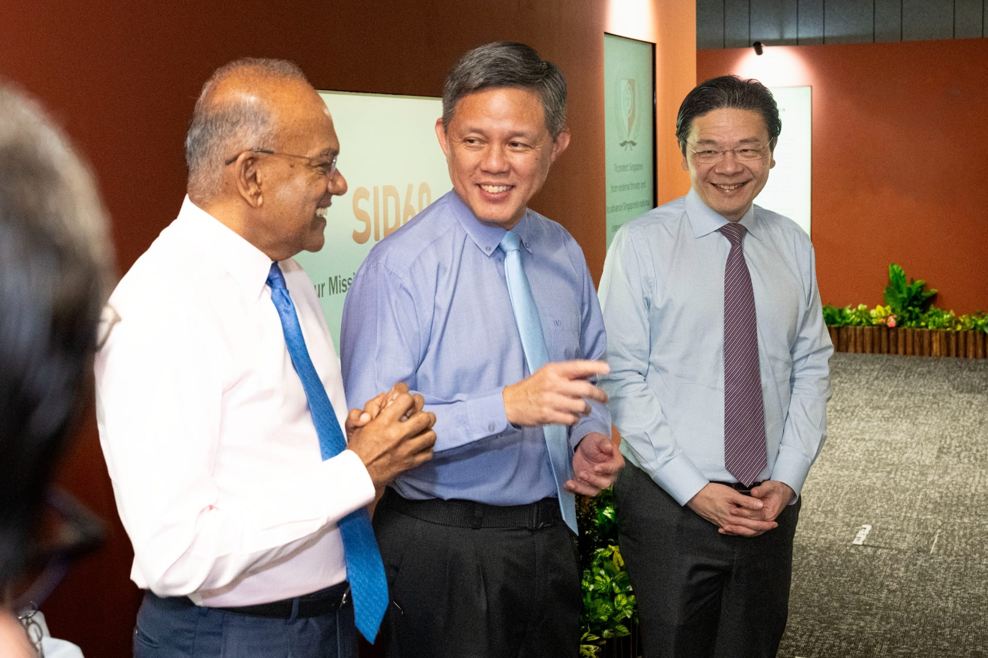 Prime Minister Wong, Senior Minister, Coordinating Minister for National Security and Minister for Home Affairs K Shanmugam and Minister for Defence Chan Chun Sing at the Security and Intelligence Division 60th anniversary commemoration event.