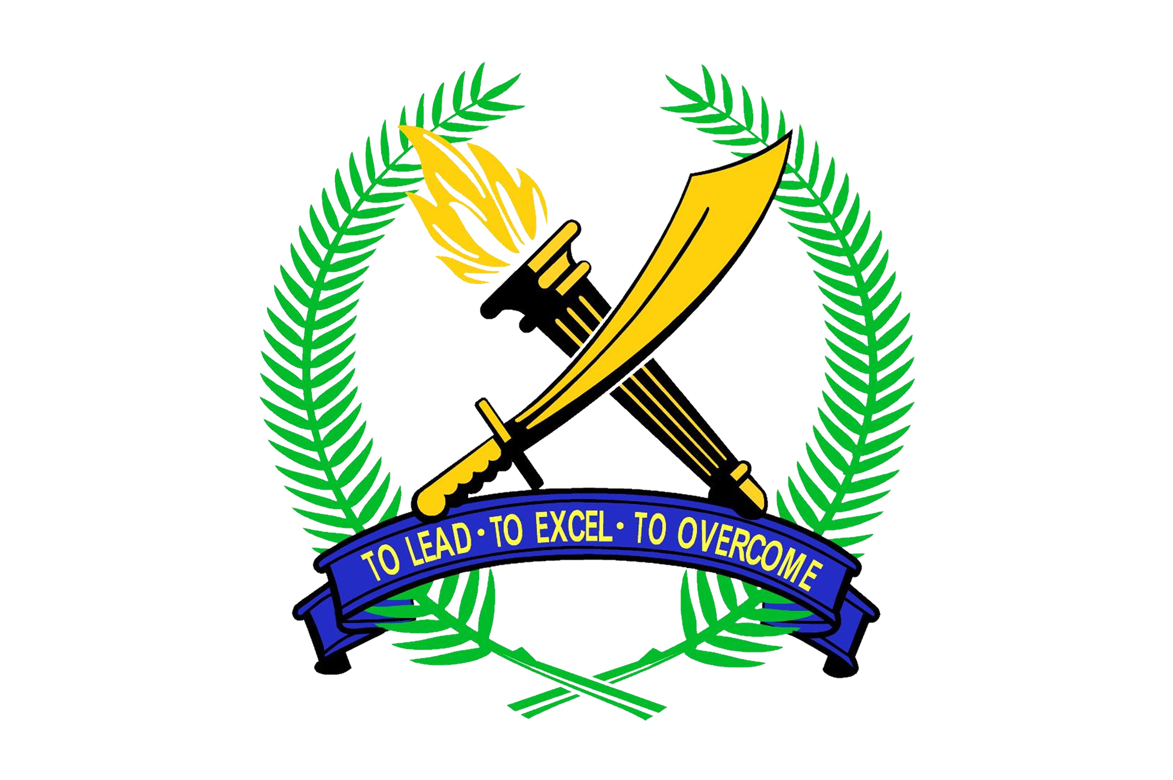 SAFTI Military Institute emblem with torch, sword, laurels, and motto “To Lead – To Excel – To Overcome”.