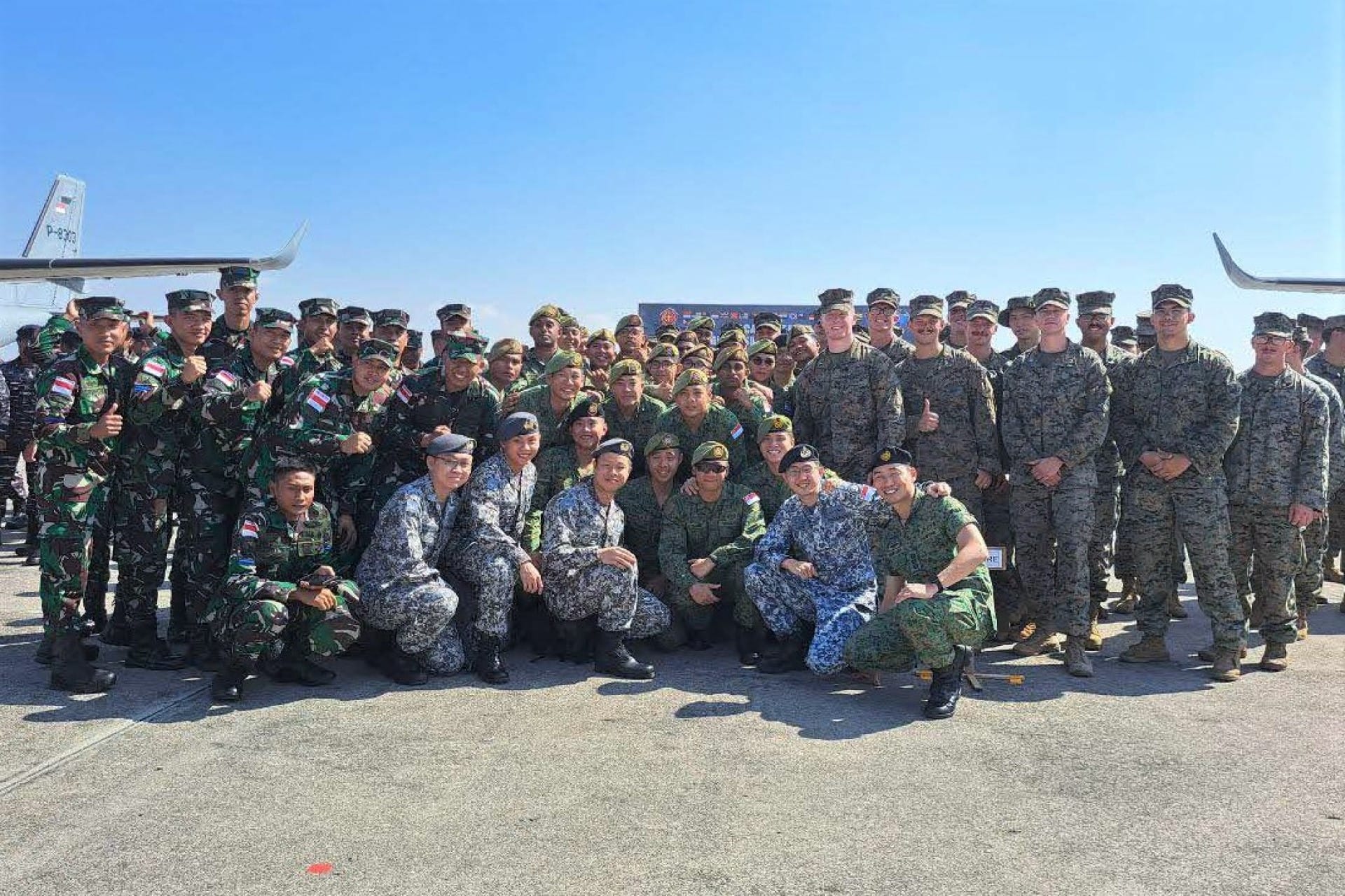 Soldiers from Singapore Armed Forces (SAF), Indonesian Armed Forces (TNI), and United States Indo-Pacific Command (USINDOPACOM) at the opening ceremony for Exercise Super Garuda Shield (XSGS).