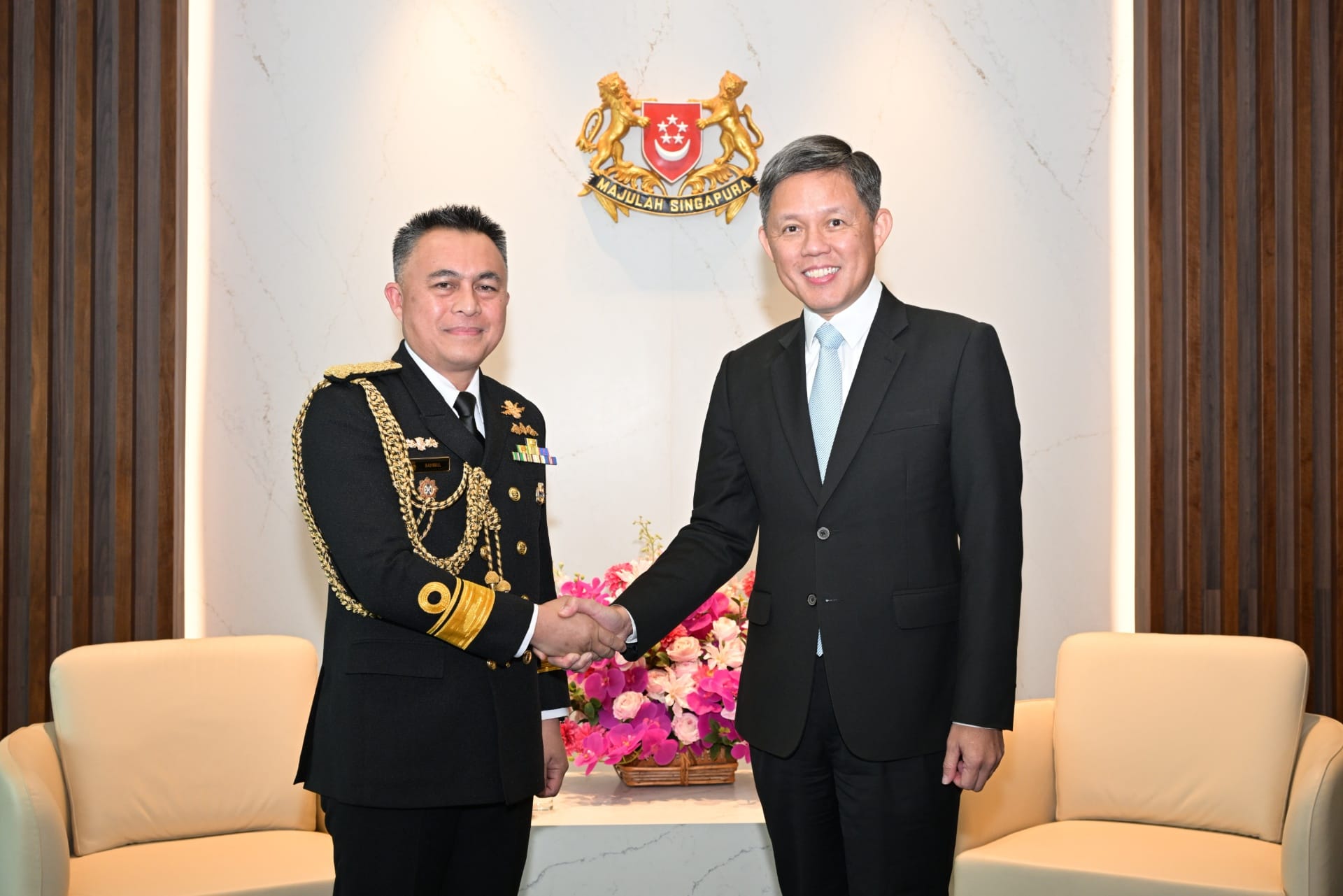 Commander of the Royal Brunei Navy, First Admiral (FADM) Sahibul Bahari Bin Haji Zainal Abidin (left) called on Minister for Defence, Mr Chan Chun Sing (right) earlier today.