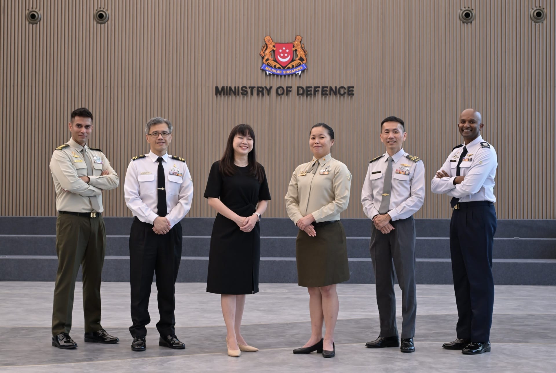 (Left to right) Senior Lieutenant Colonel (SLTC) Abu Bakar Bin Abdillah Alkatib, Military Expert (ME) 7 Khoo Koh Giok, Defence Executive (DX)15 Stephanie Phang, Major (MAJ) Ang Qiu Xiang,  ME6 Tham Fook On, and Master Warrant Officer (MWO) Pandykumaran S/O Arthiappan are among the Warrant Officers, Military Experts, Officers, DXO and civilians to be promoted.