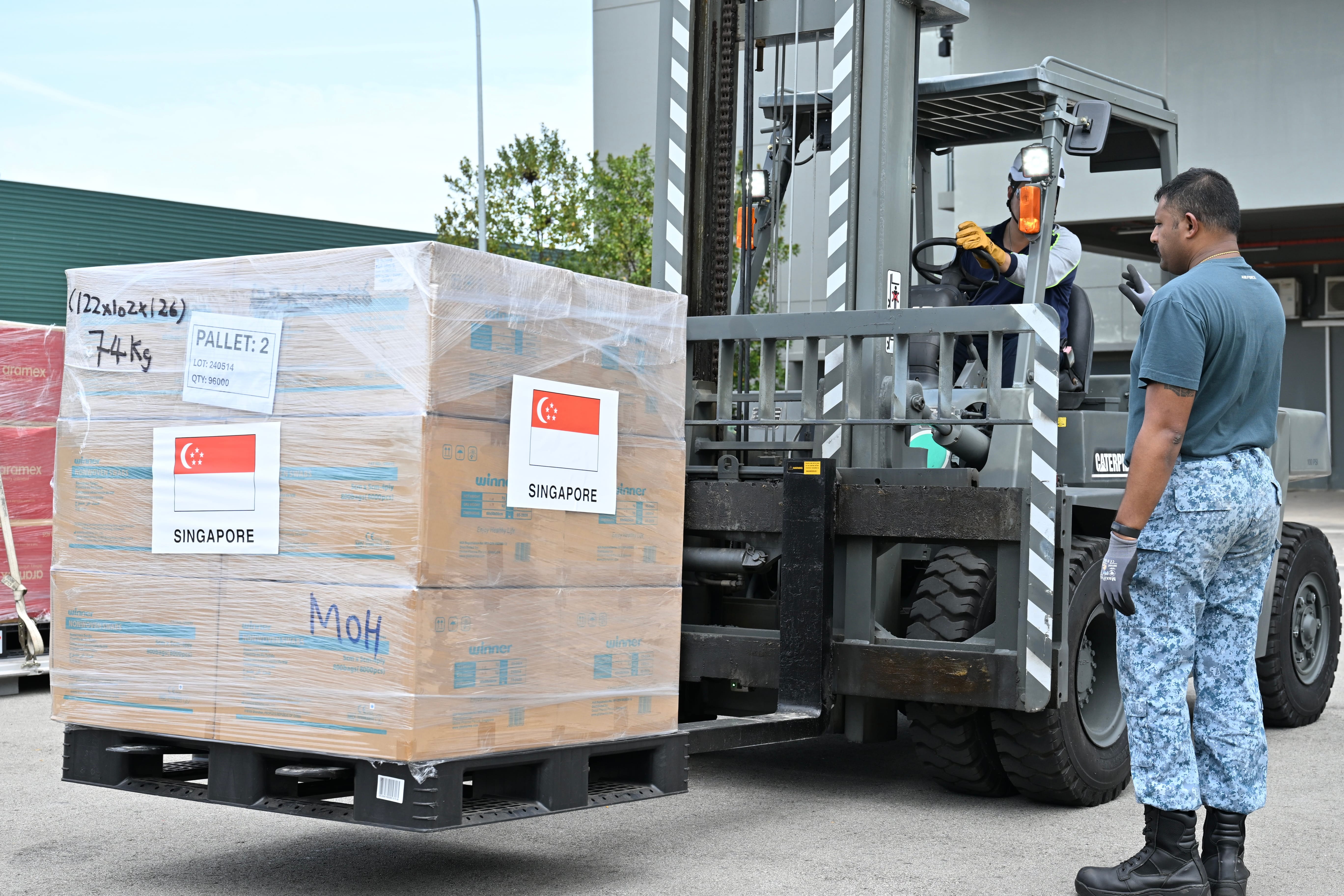Ministry of Health’s medical supplies contribution delivered to Changi Air Base (East). 