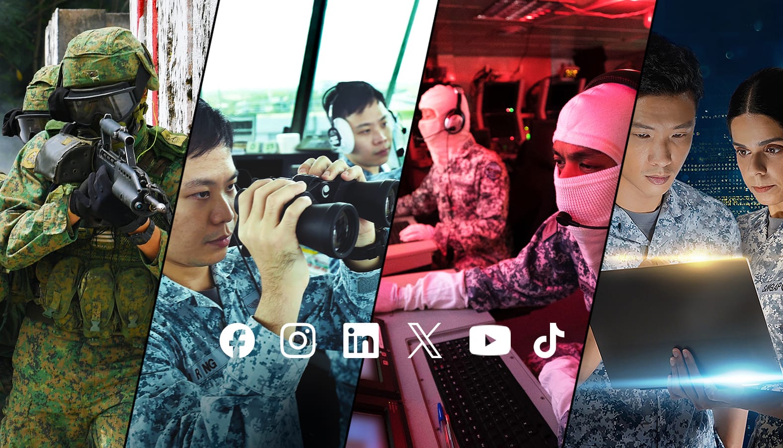Collage of the four defence services with social media icons.