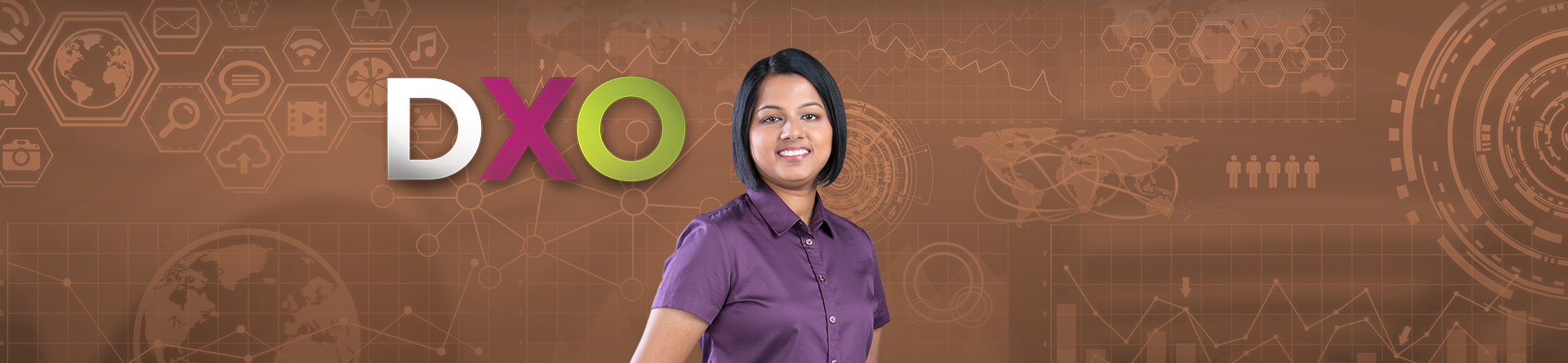 Swapna in purple blouse beside "DXO" text, with a background of digital and data graphics.